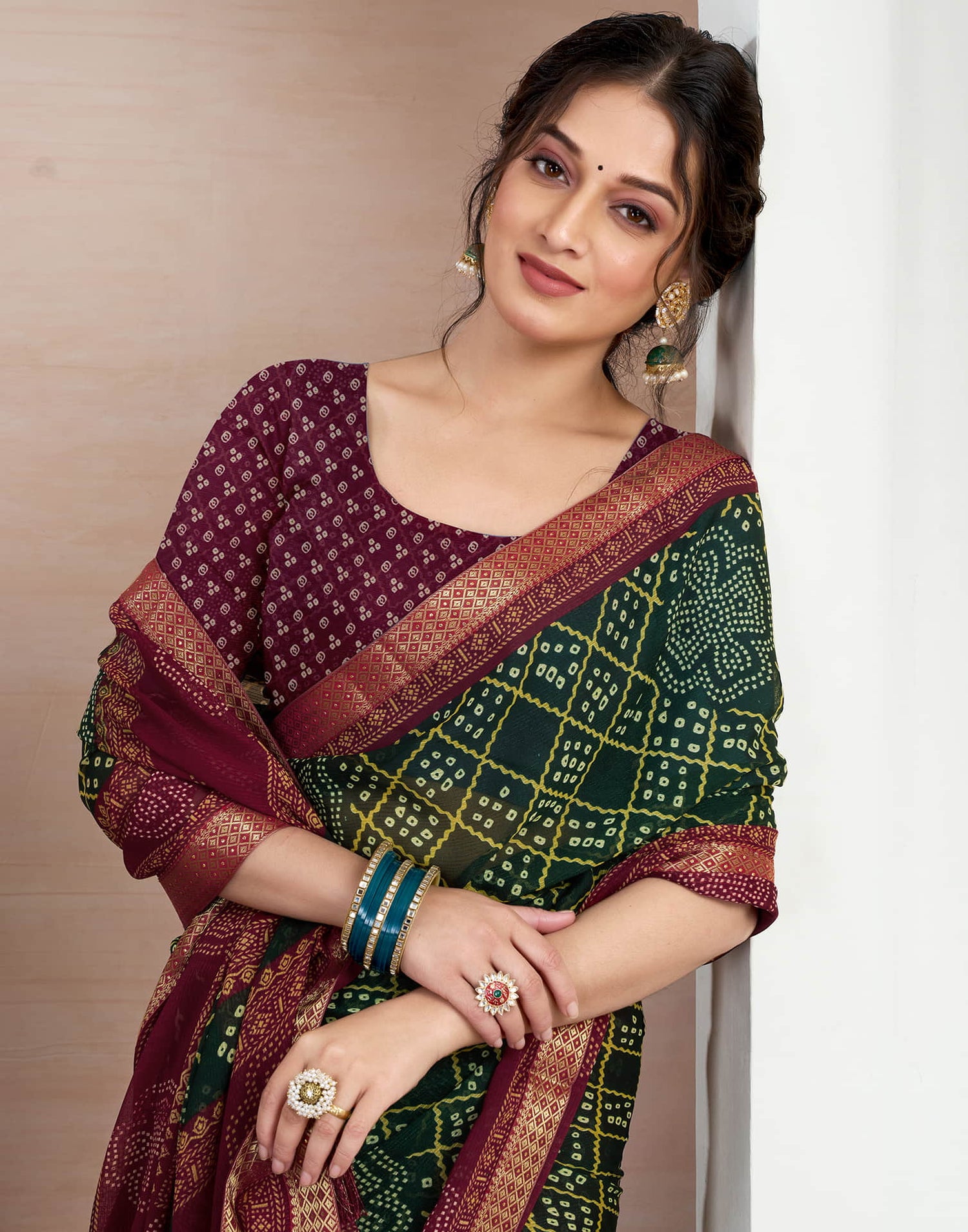 Dark Green Chiffon Printed Bandhani Saree