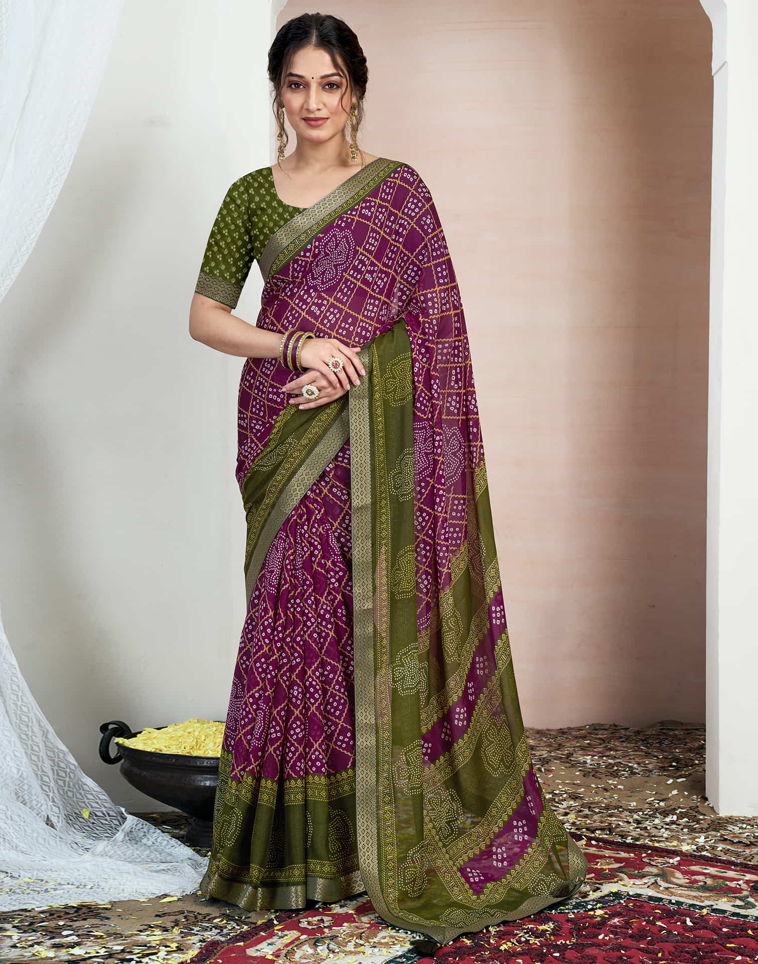 Wine Chiffon Printed Bandhani Saree