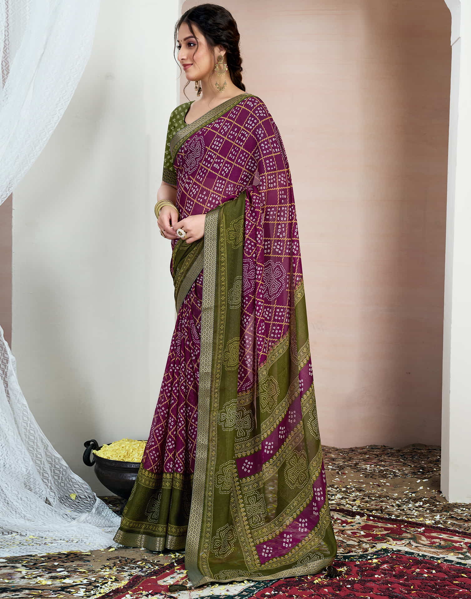 Wine Chiffon Printed Bandhani Saree