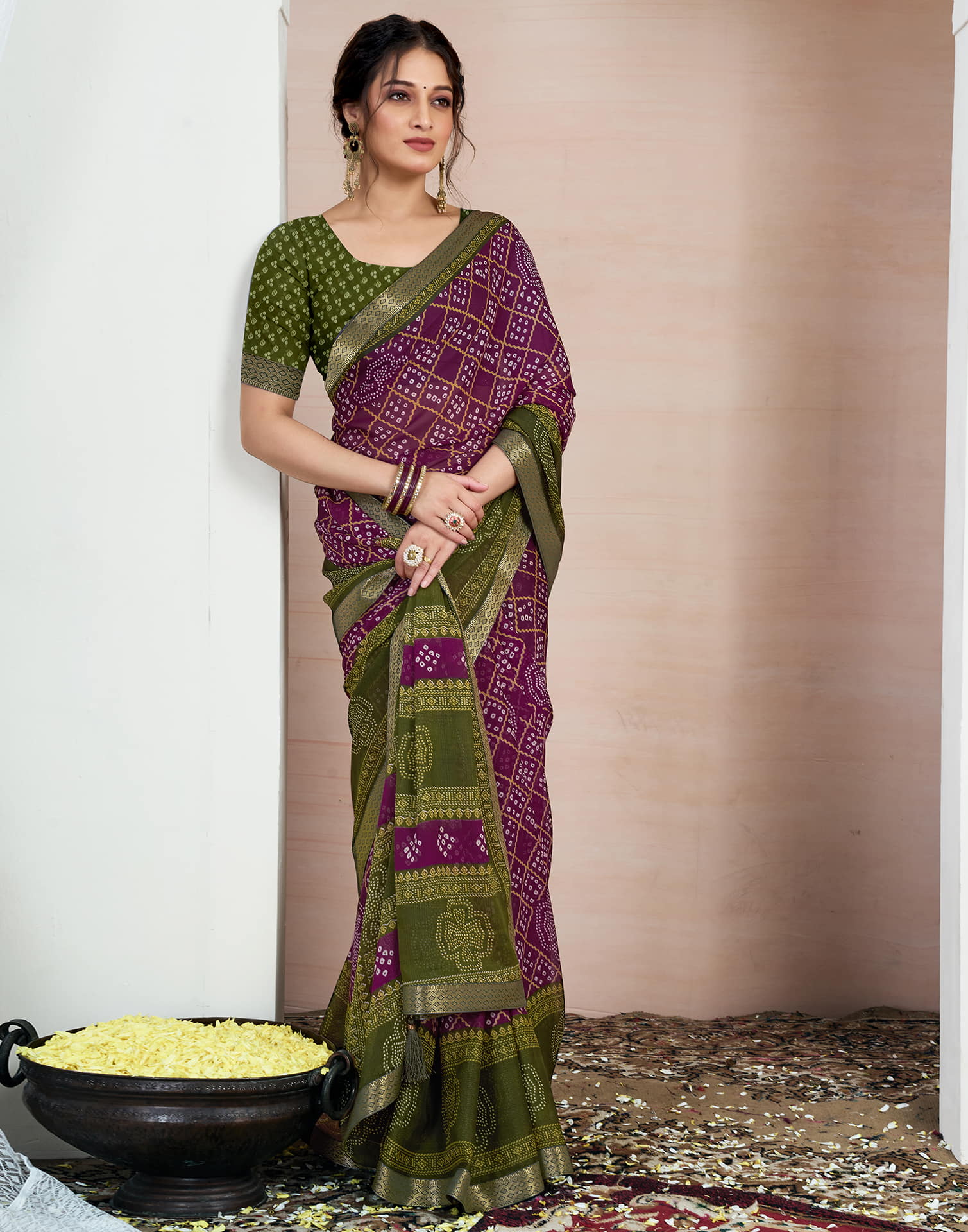 Wine Chiffon Printed Bandhani Saree