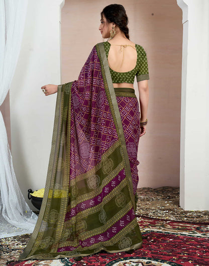 Wine Chiffon Printed Bandhani Saree