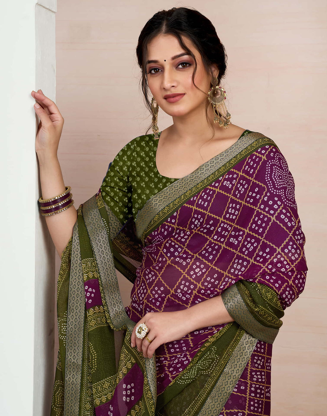 Wine Chiffon Printed Bandhani Saree