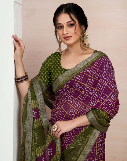 Wine Chiffon Printed Bandhani Saree