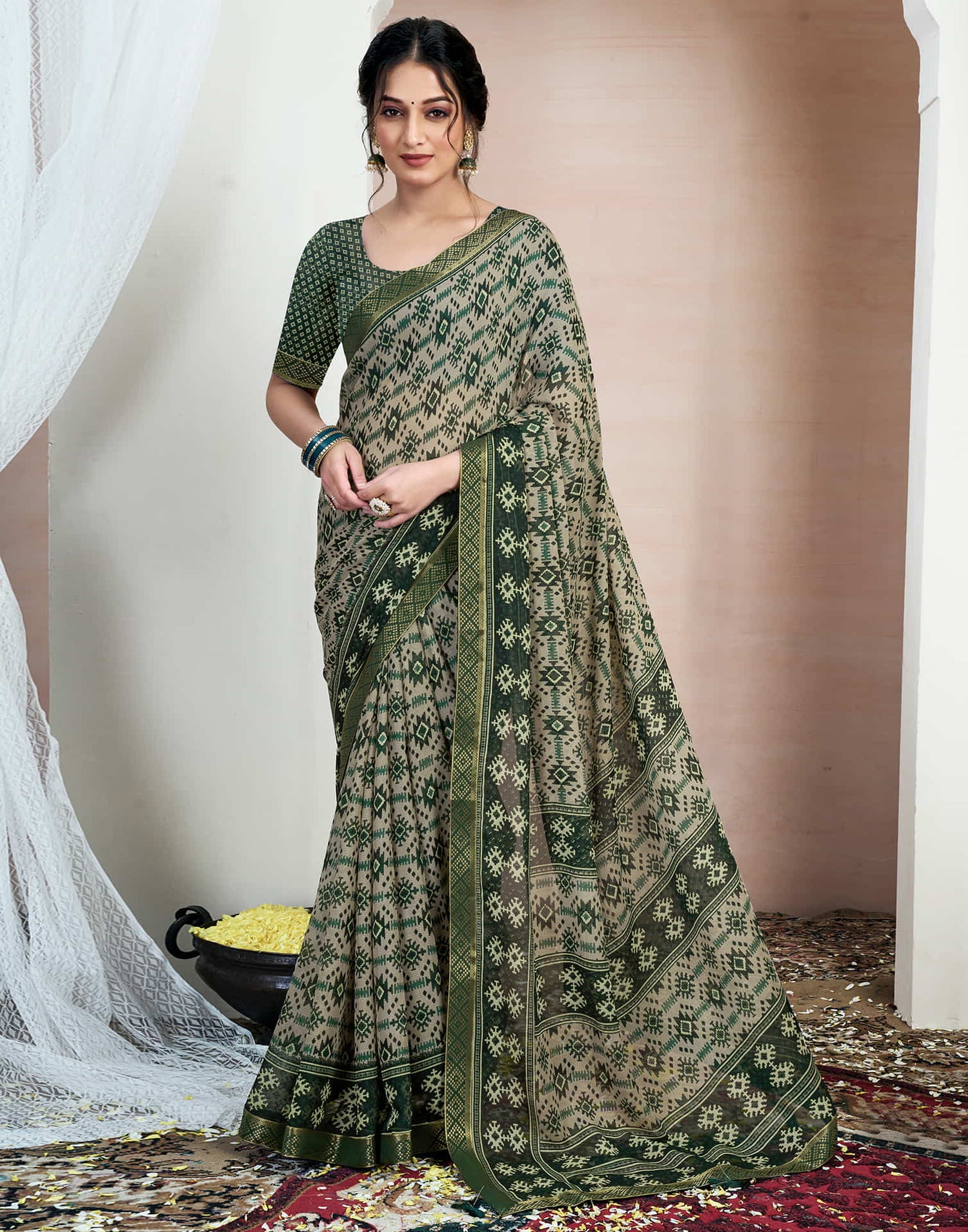 Dark Green Chiffon Ikkat Printed Saree