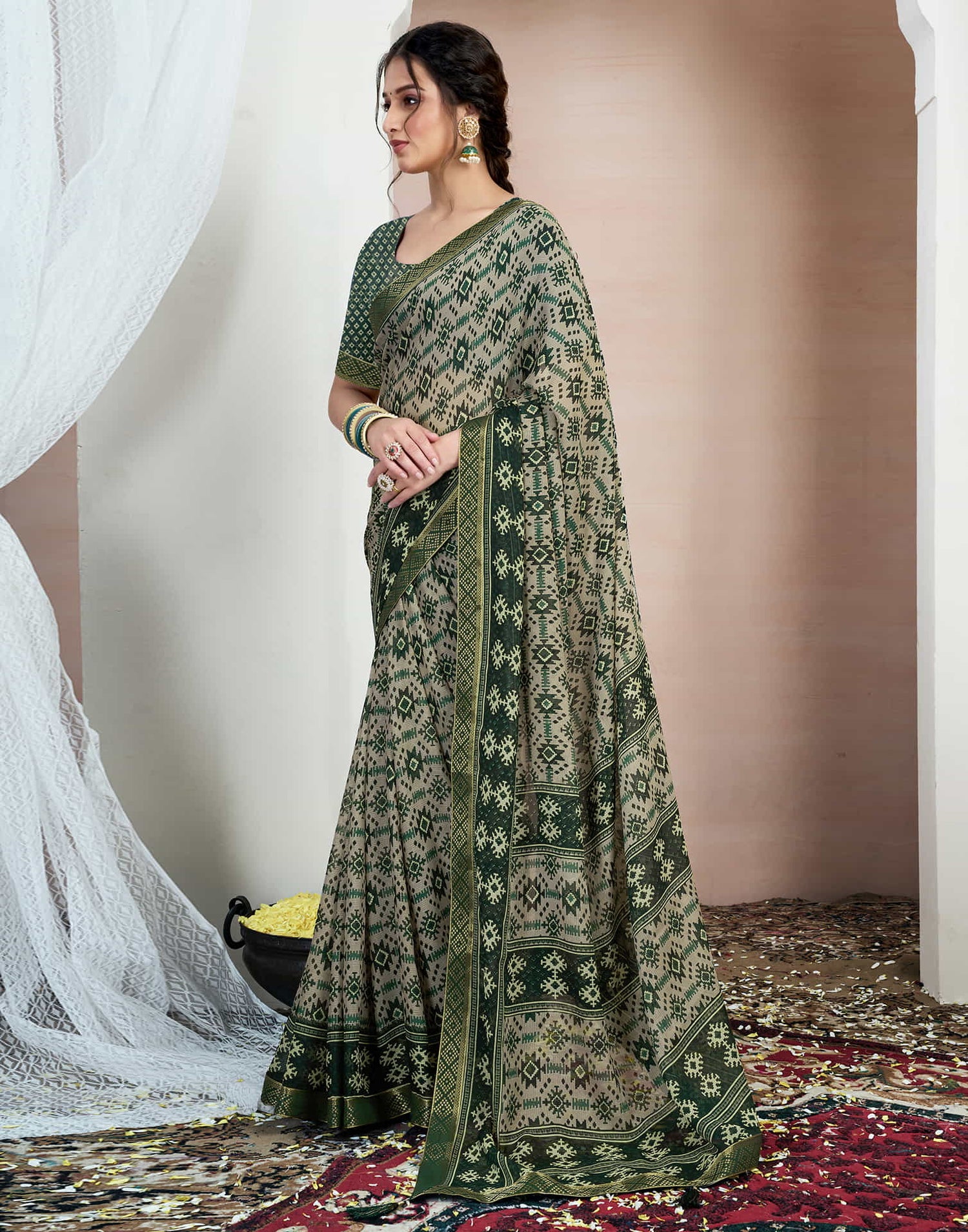 Dark Green Chiffon Ikkat Printed Saree