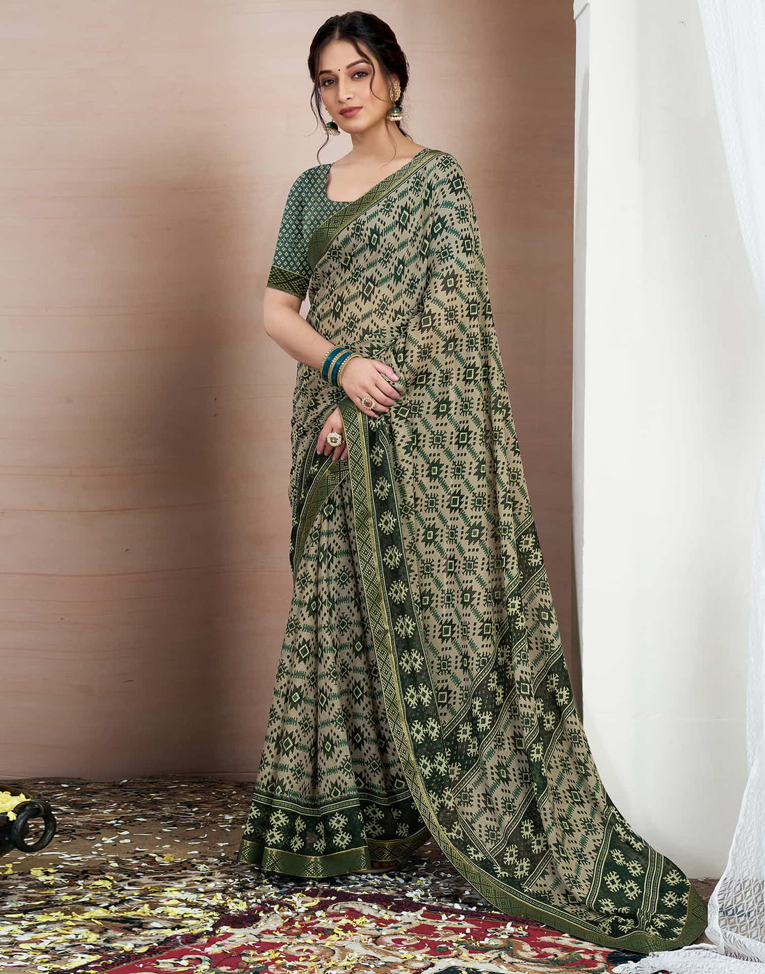 Dark Green Chiffon Ikkat Printed Saree