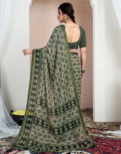 Dark Green Chiffon Ikkat Printed Saree