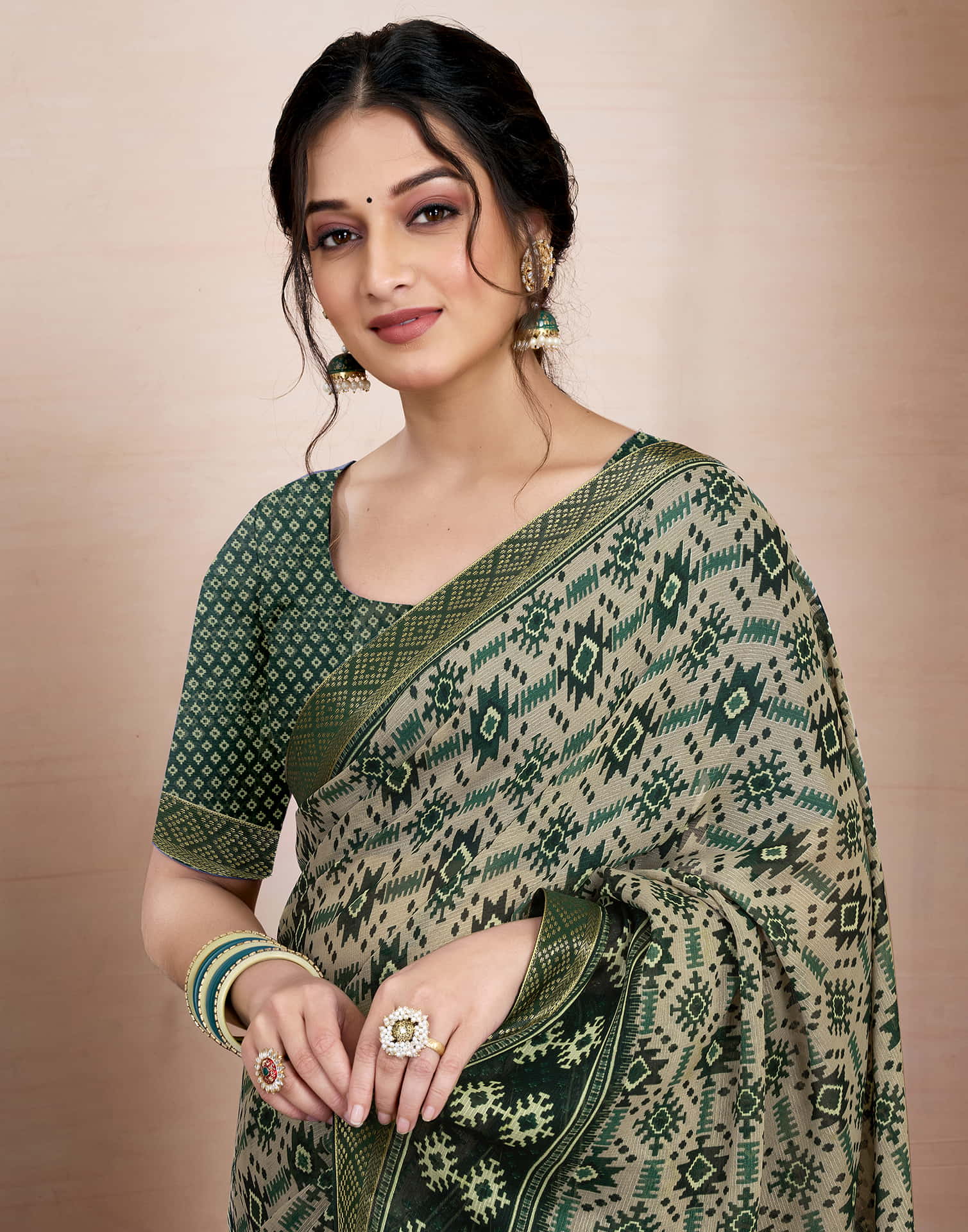 Dark Green Chiffon Ikkat Printed Saree