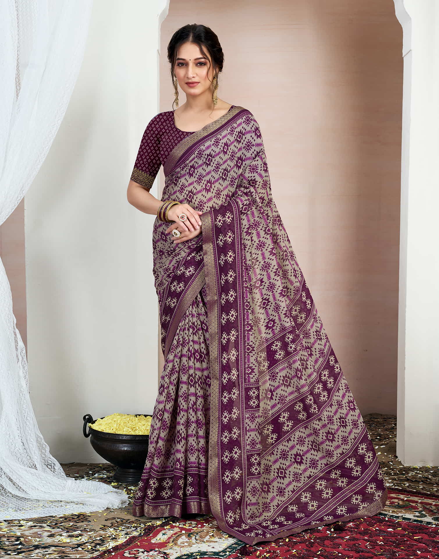 Wine Chiffon Ikkat Printed Saree