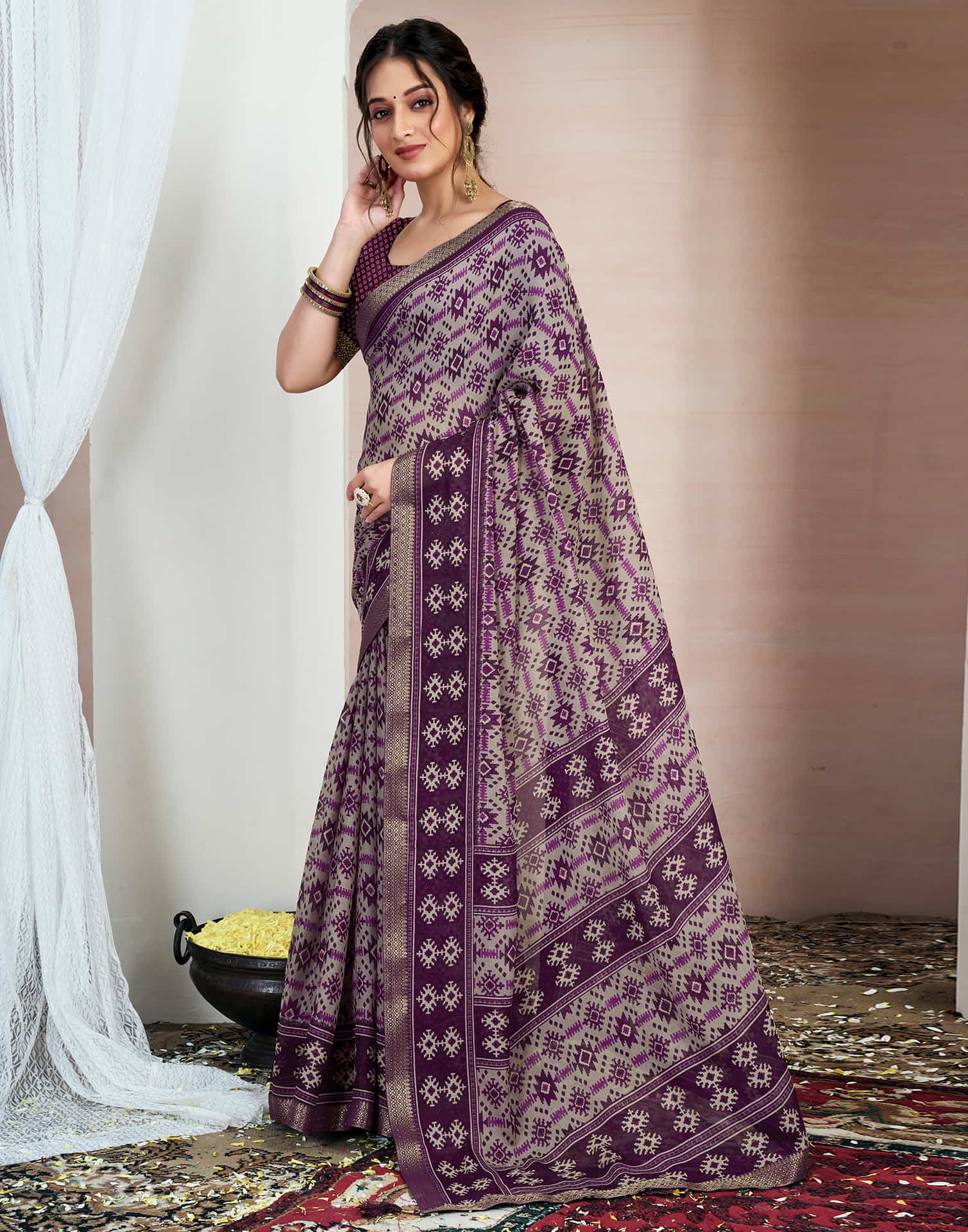 Wine Chiffon Ikkat Printed Saree