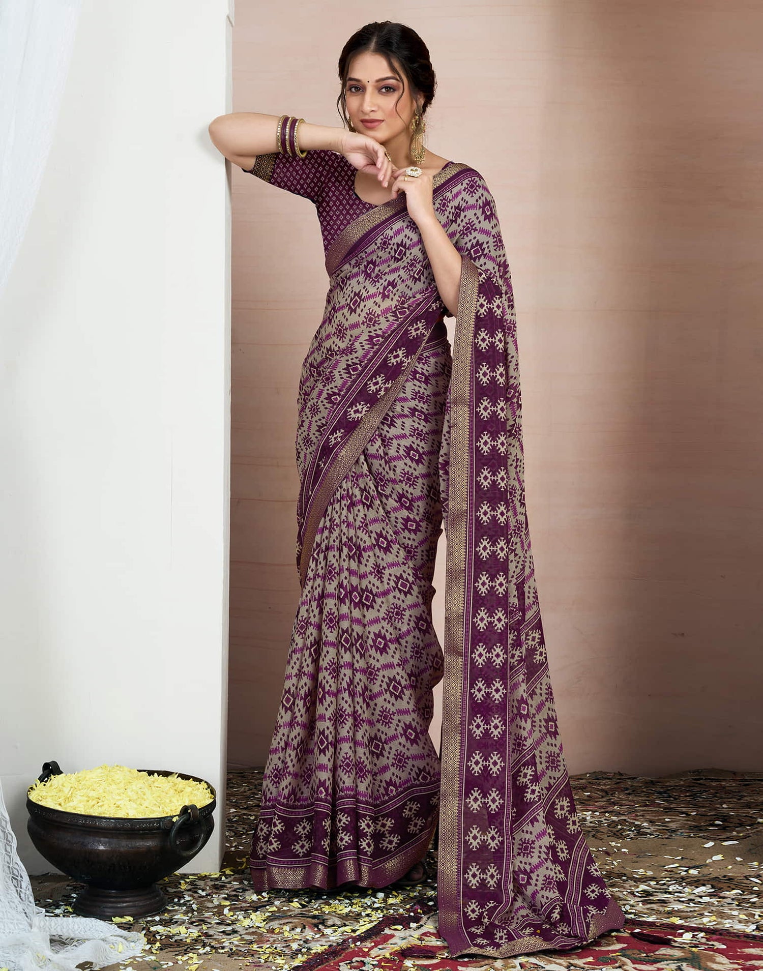 Wine Chiffon Ikkat Printed Saree