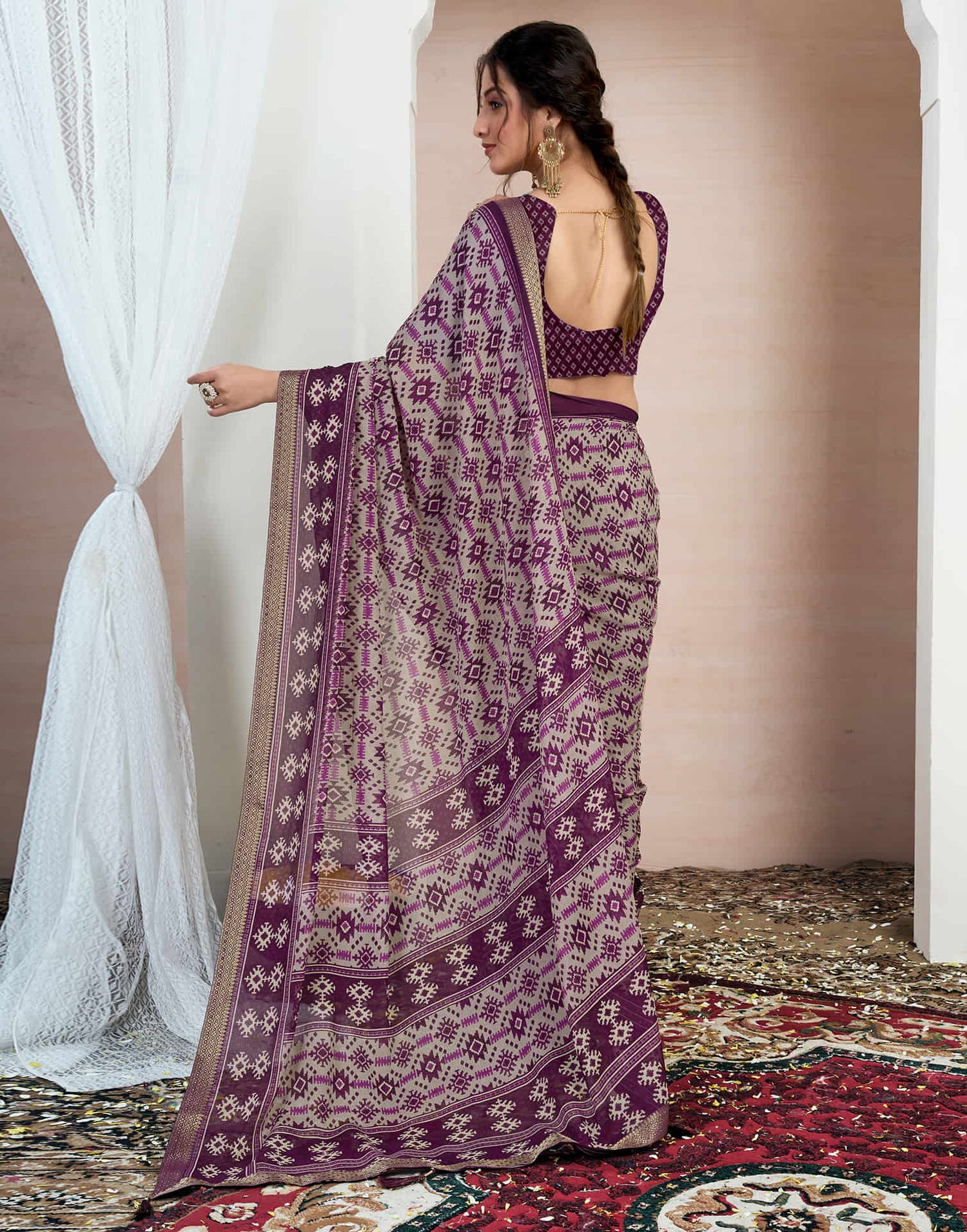 Wine Chiffon Ikkat Printed Saree