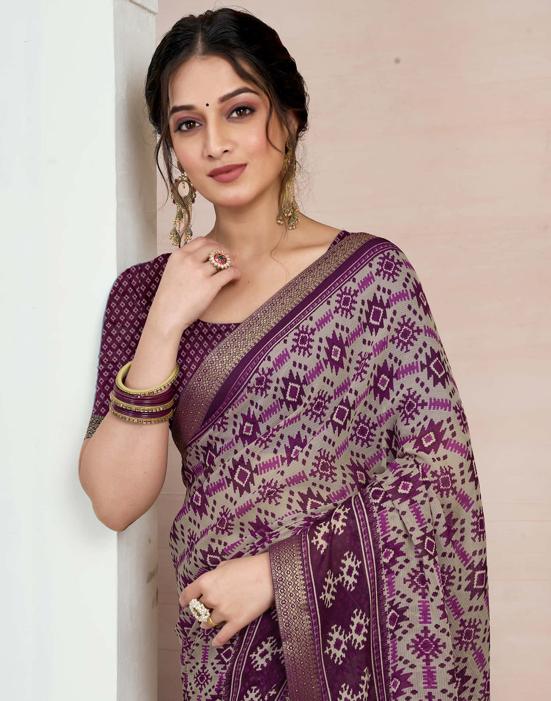 Wine Chiffon Ikkat Printed Saree