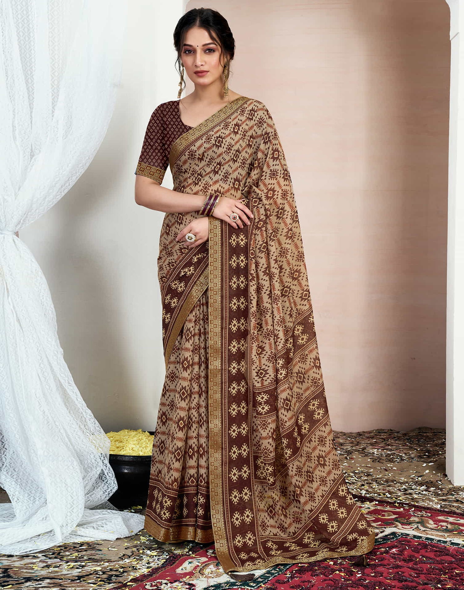 Brown Chiffon Ikkat Printed Saree