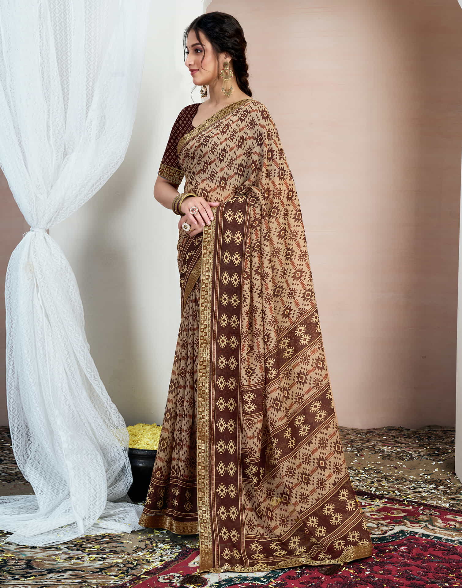 Brown Chiffon Ikkat Printed Saree