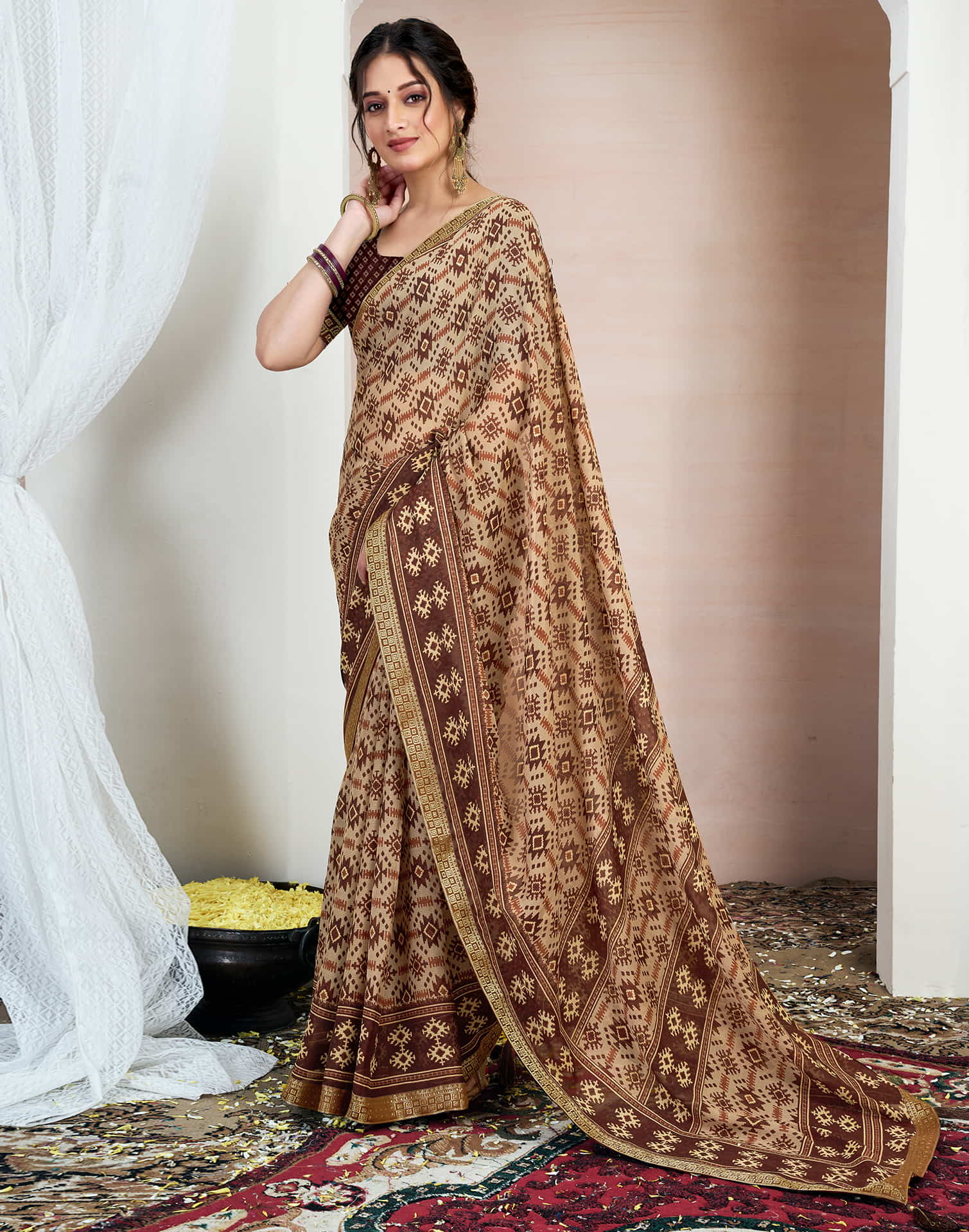 Brown Chiffon Ikkat Printed Saree