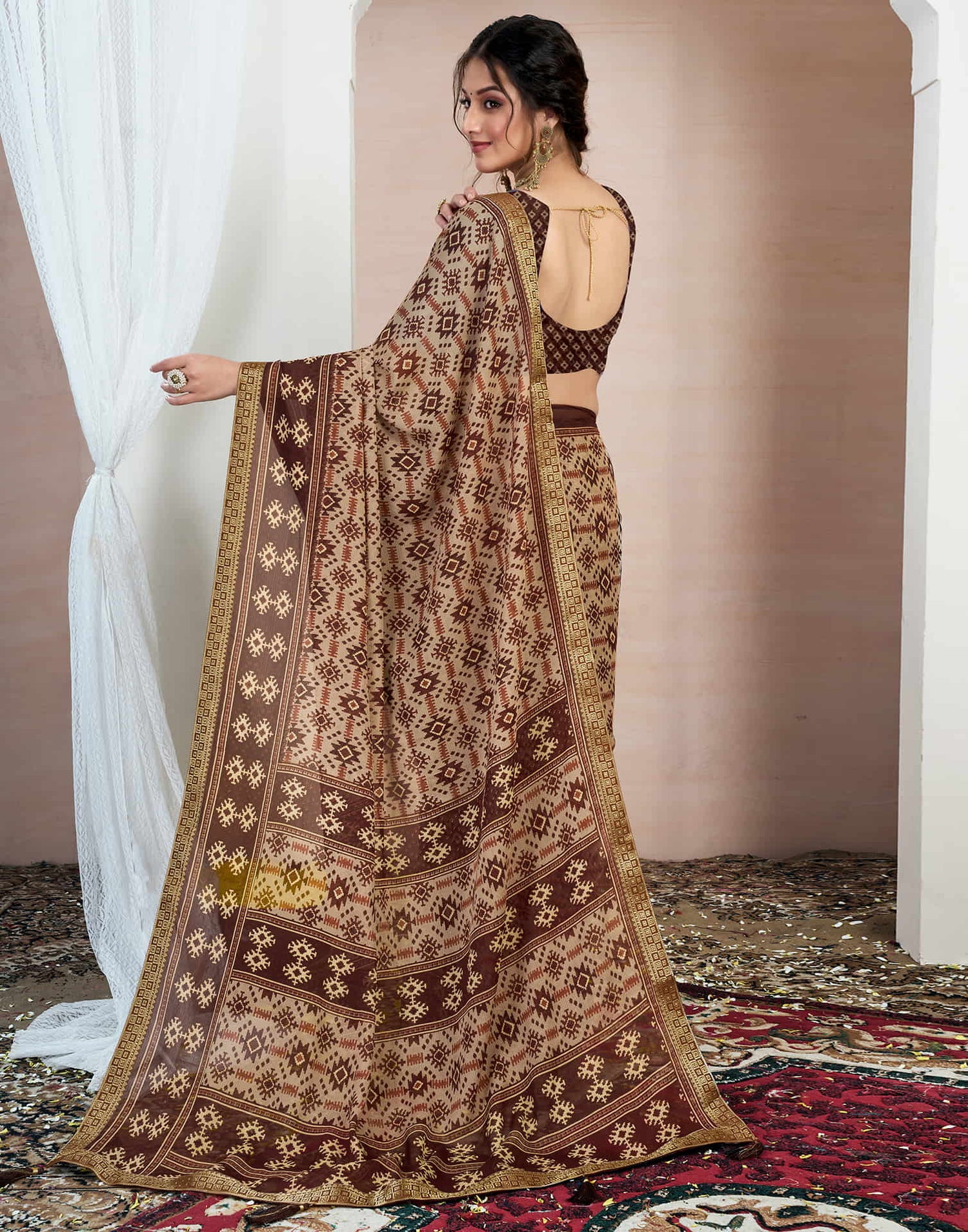 Brown Chiffon Ikkat Printed Saree