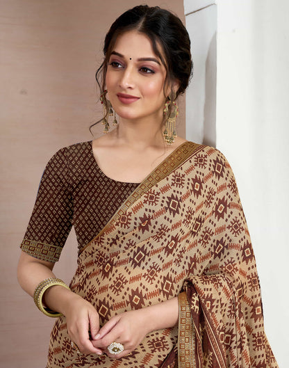 Brown Chiffon Ikkat Printed Saree