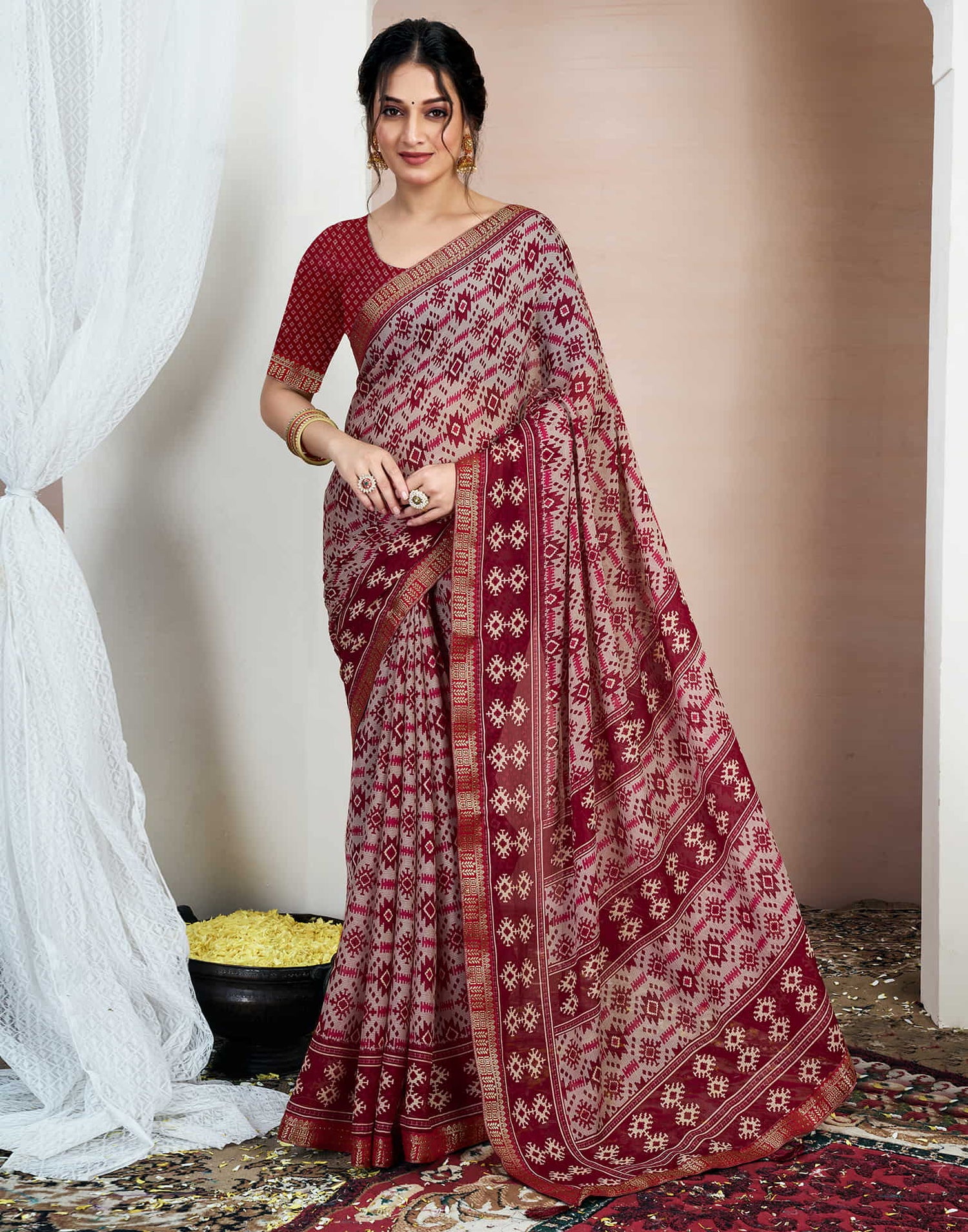 Red Chiffon Ikkat Printed Saree