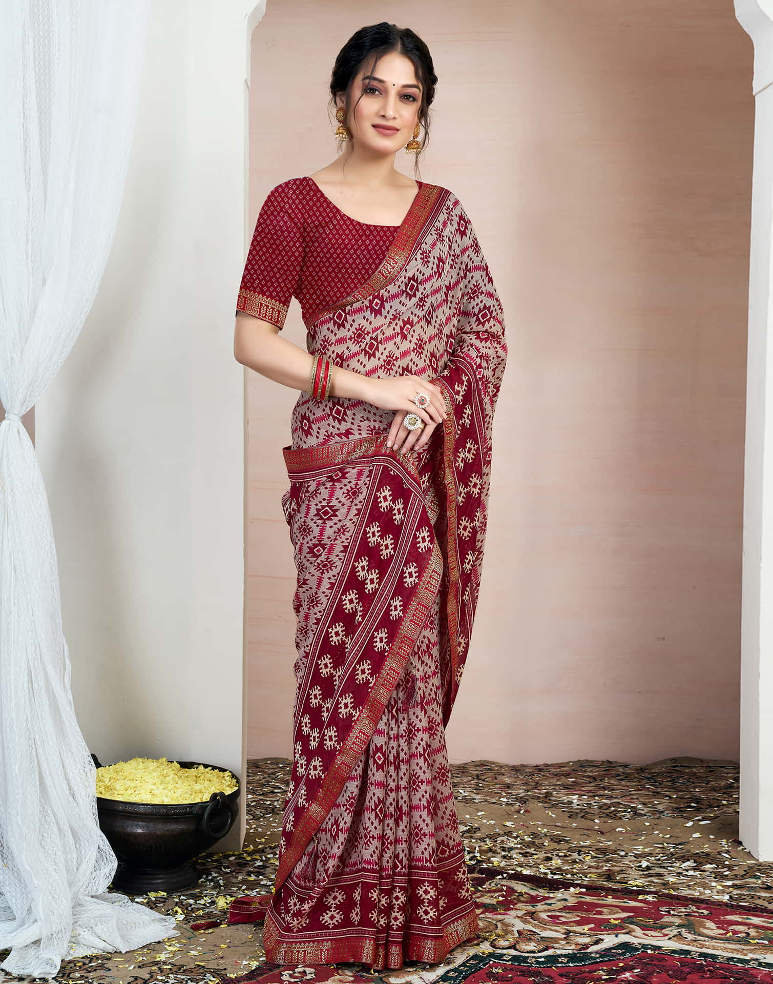 Red Chiffon Ikkat Printed Saree