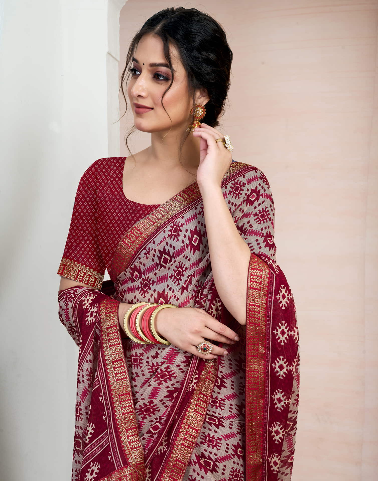 Red Chiffon Ikkat Printed Saree