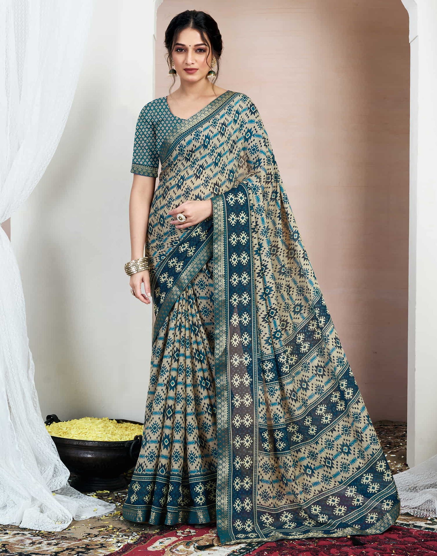 Rama Blue Chiffon Ikkat Printed Saree