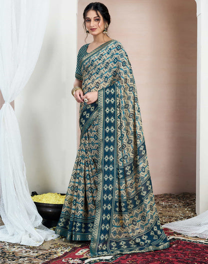 Rama Blue Chiffon Ikkat Printed Saree