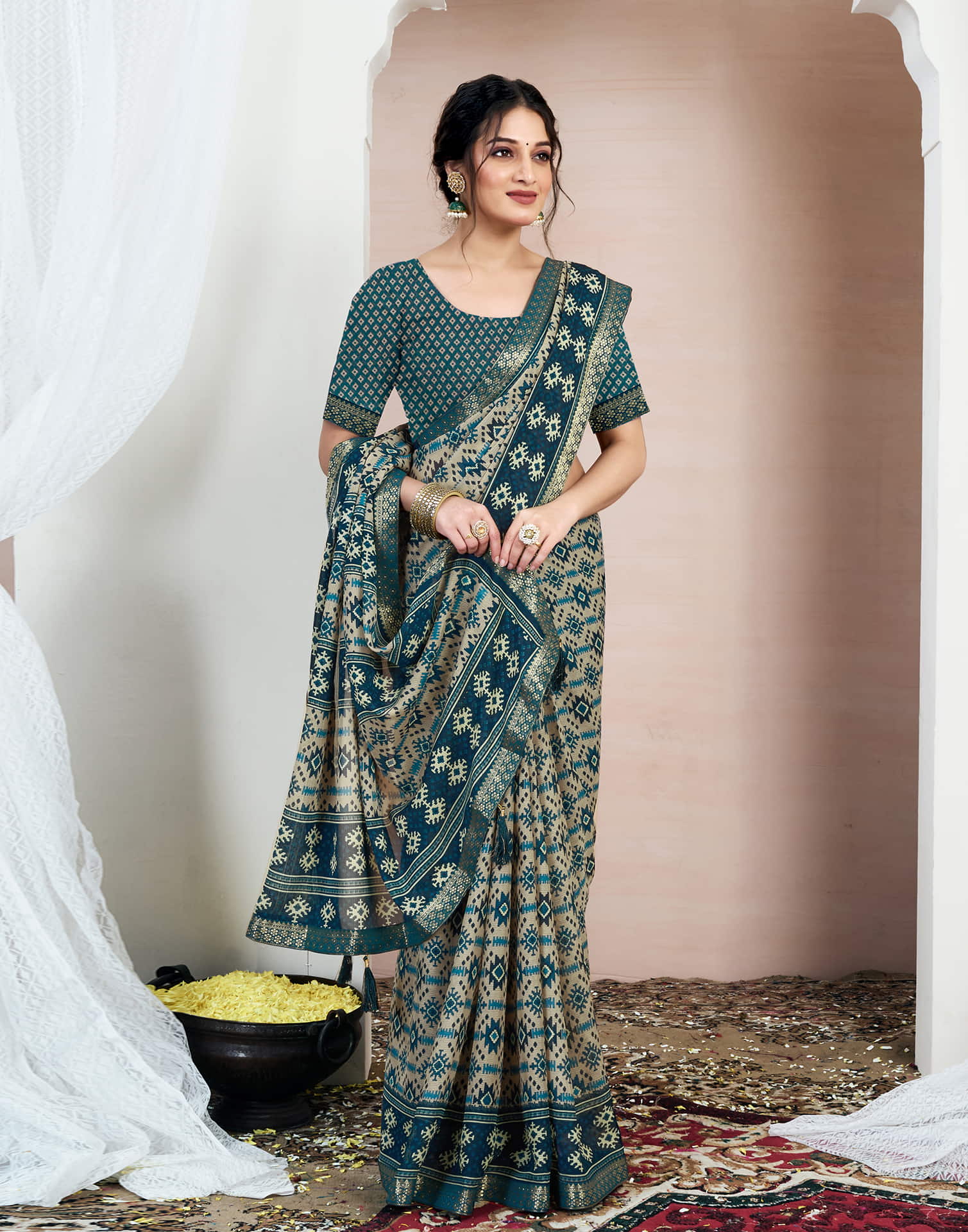 Rama Blue Chiffon Ikkat Printed Saree