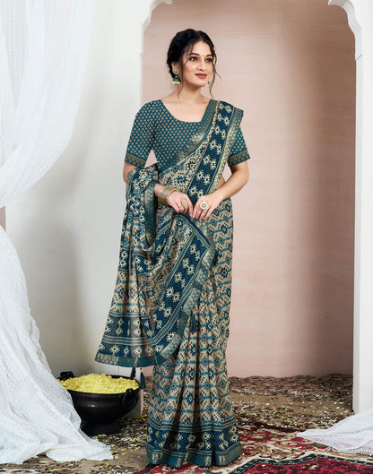 Rama Blue Chiffon Ikkat Printed Saree