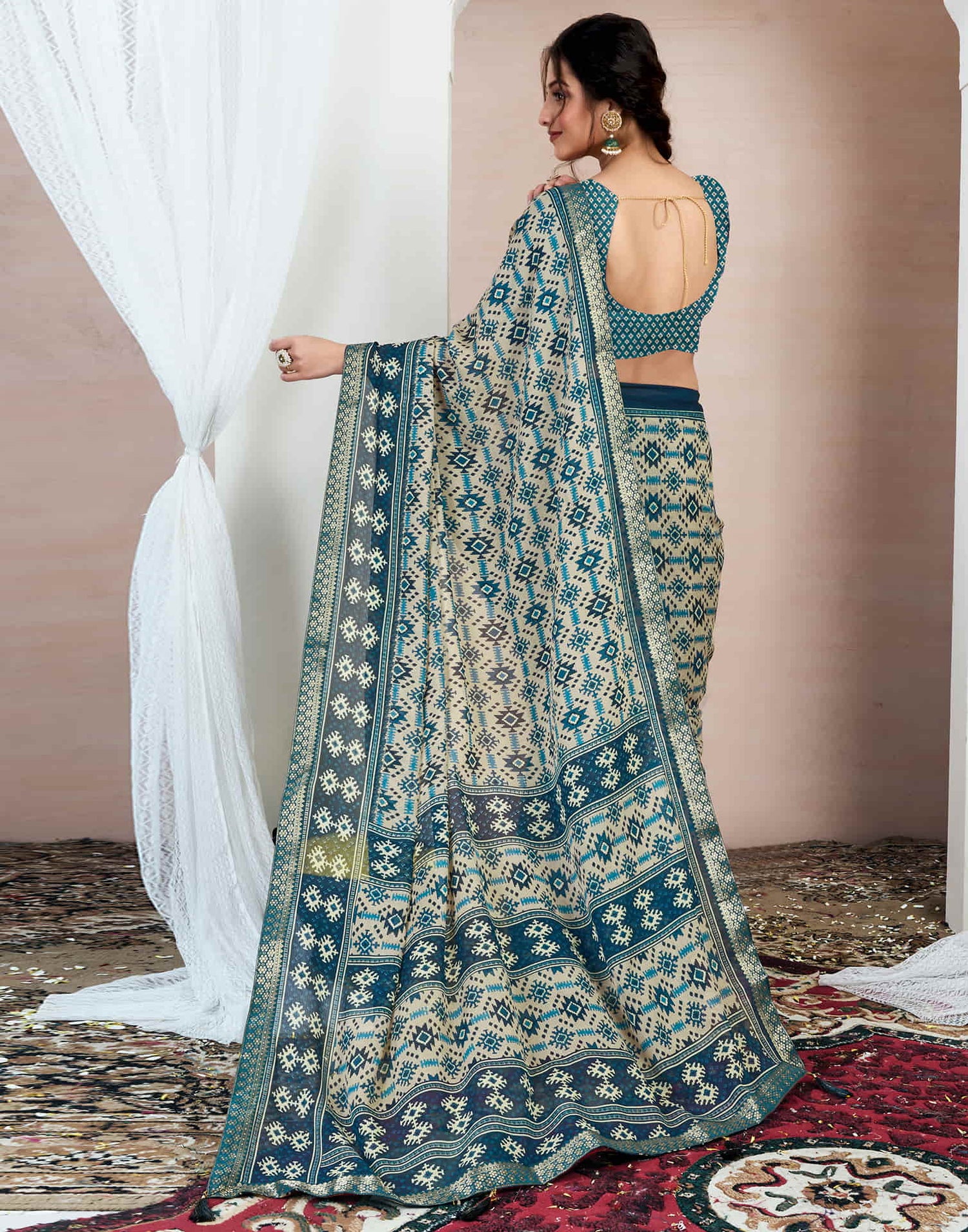 Rama Blue Chiffon Ikkat Printed Saree