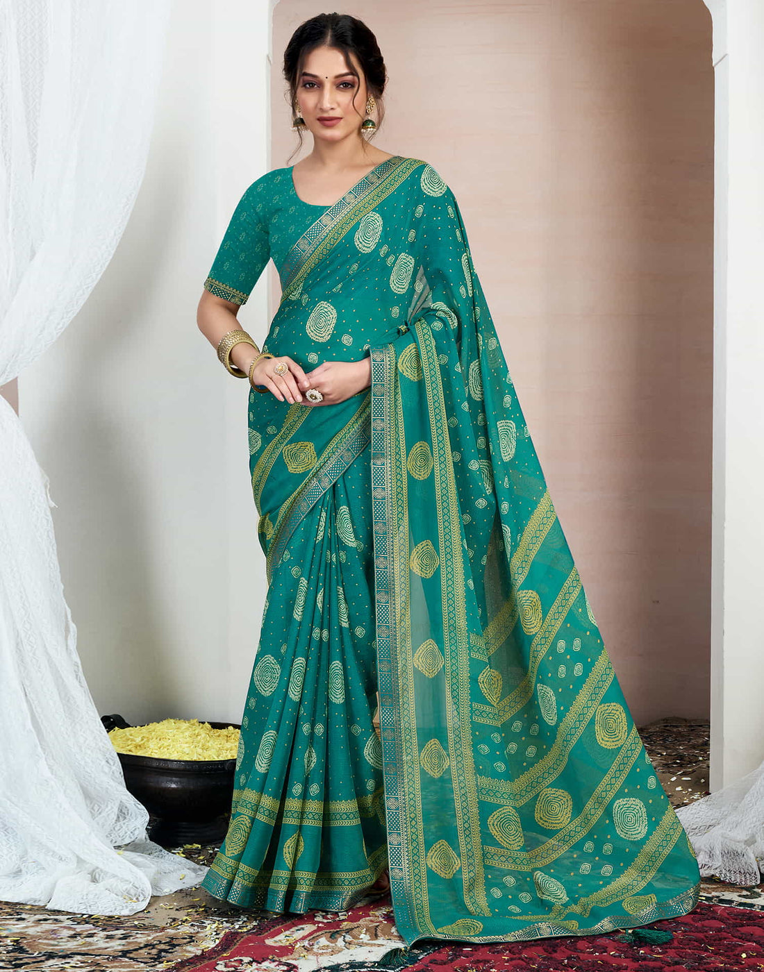 Teal Green Chiffon Printed Saree