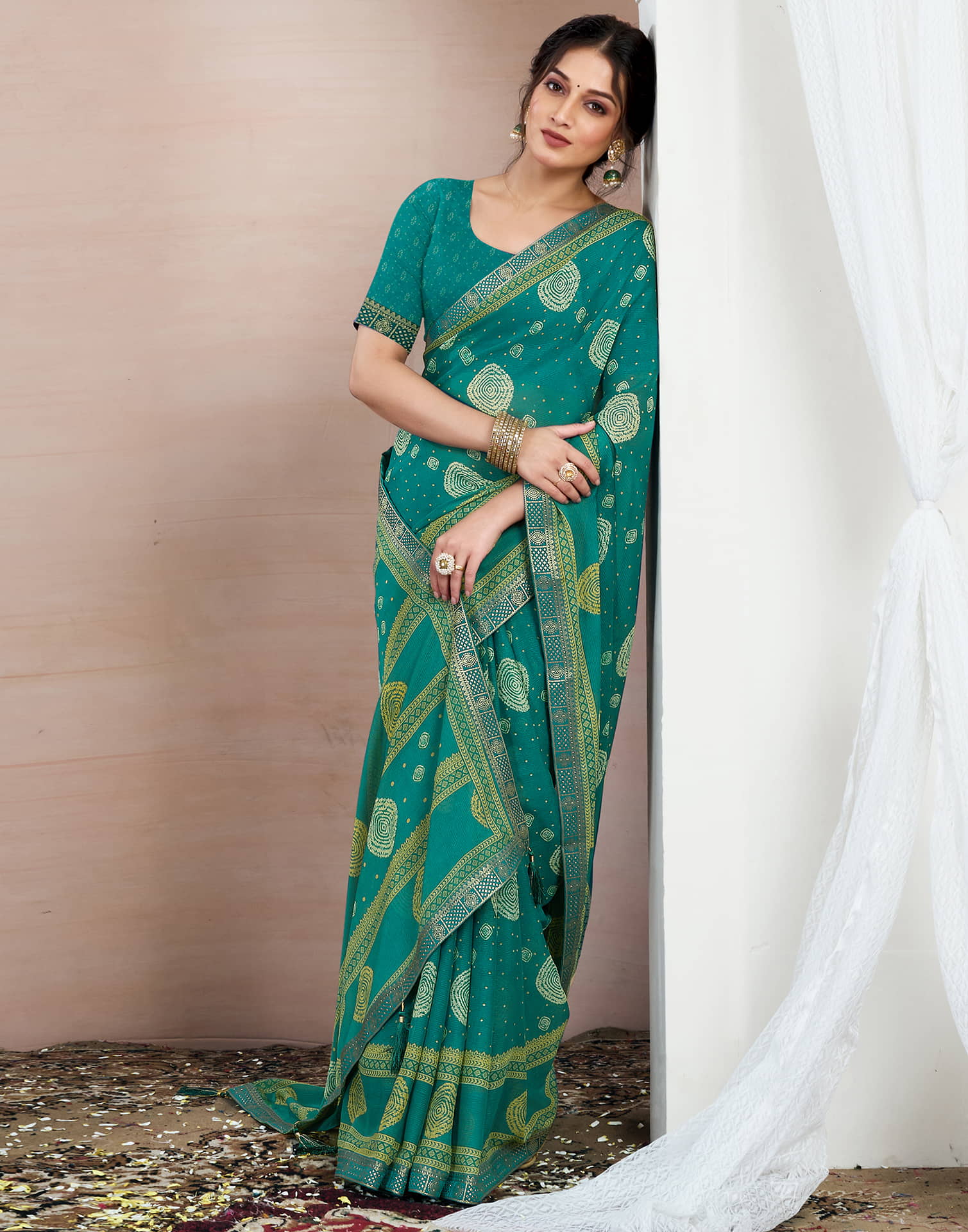 Teal Green Chiffon Printed Saree