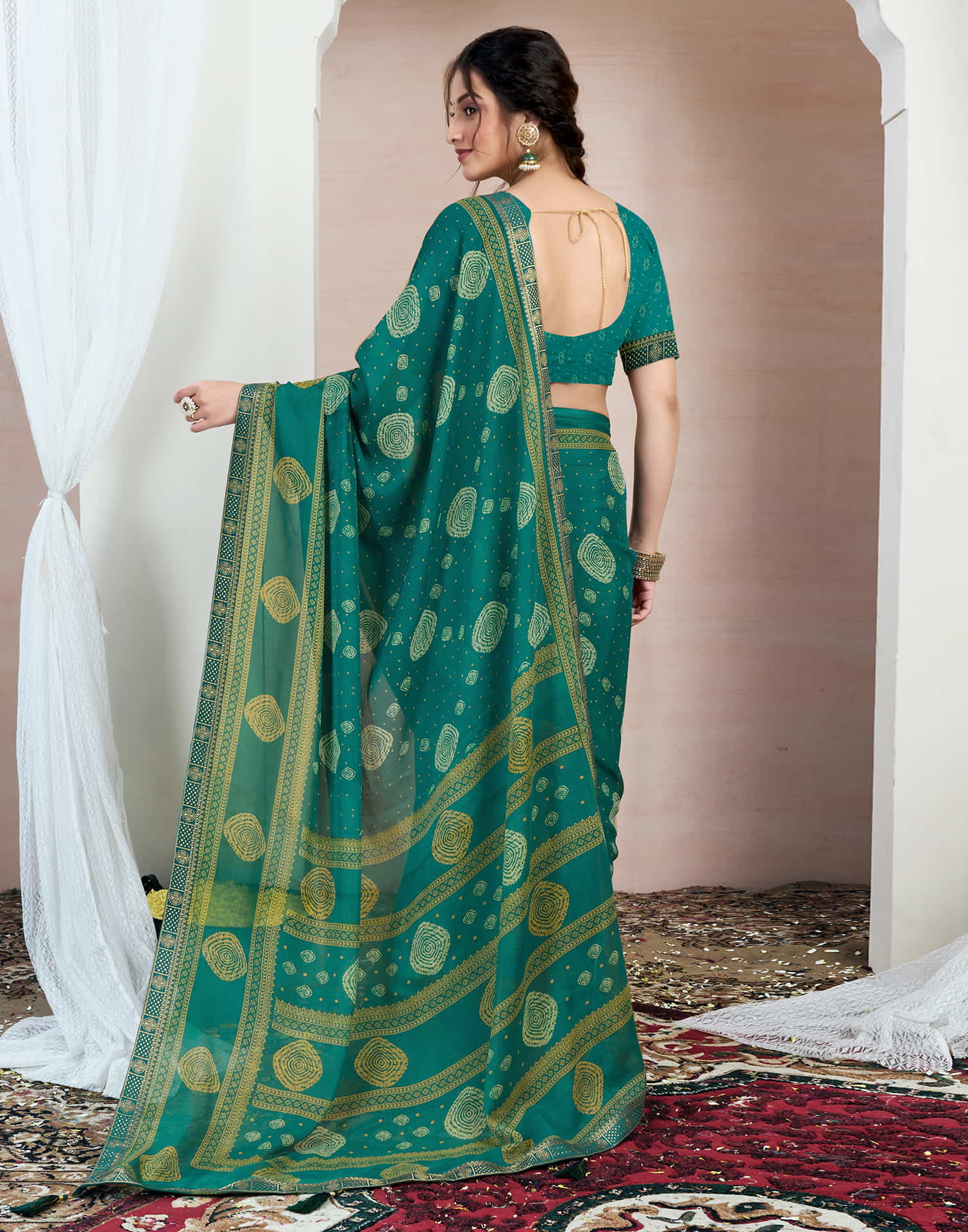 Teal Green Chiffon Printed Saree