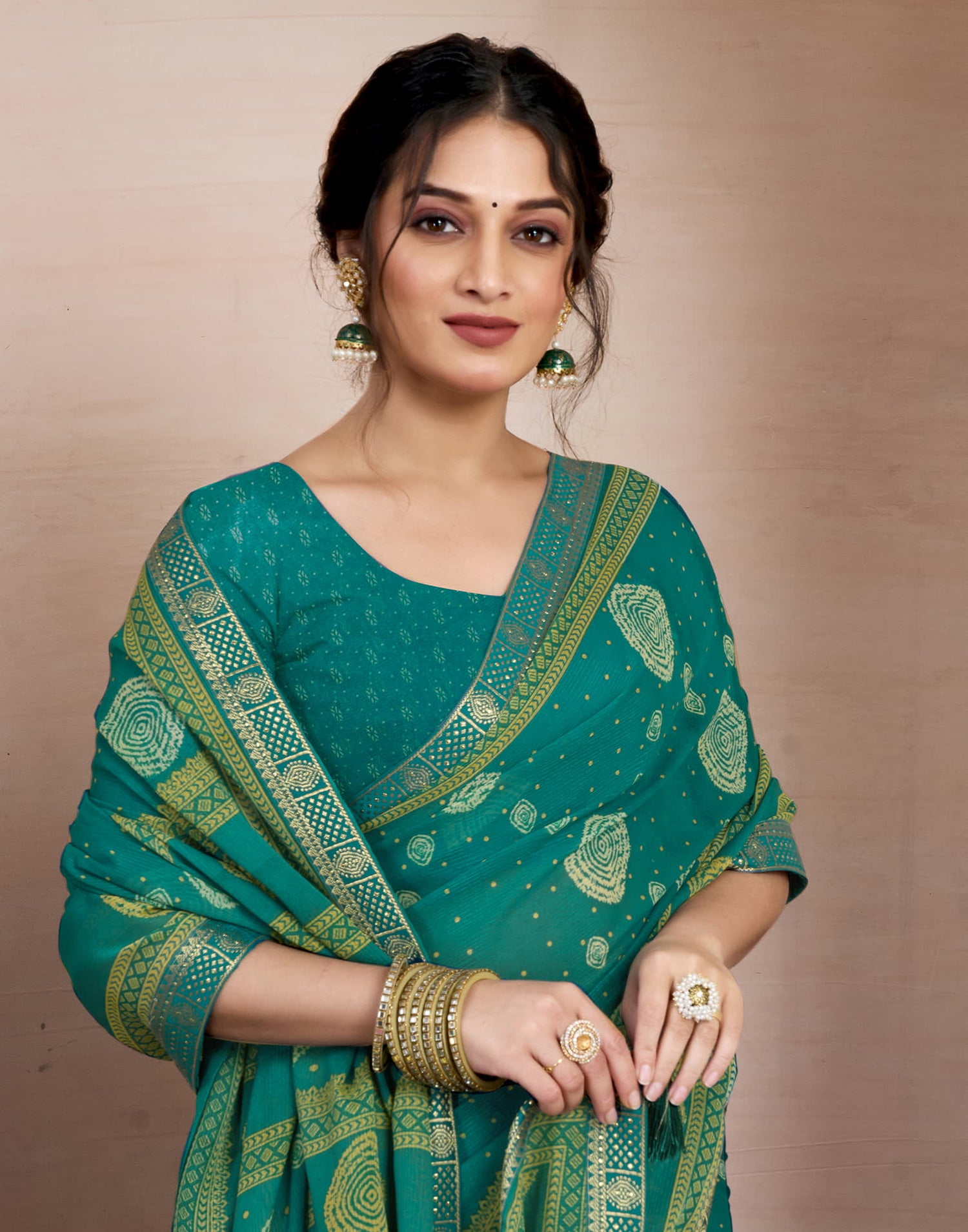 Teal Green Chiffon Printed Saree