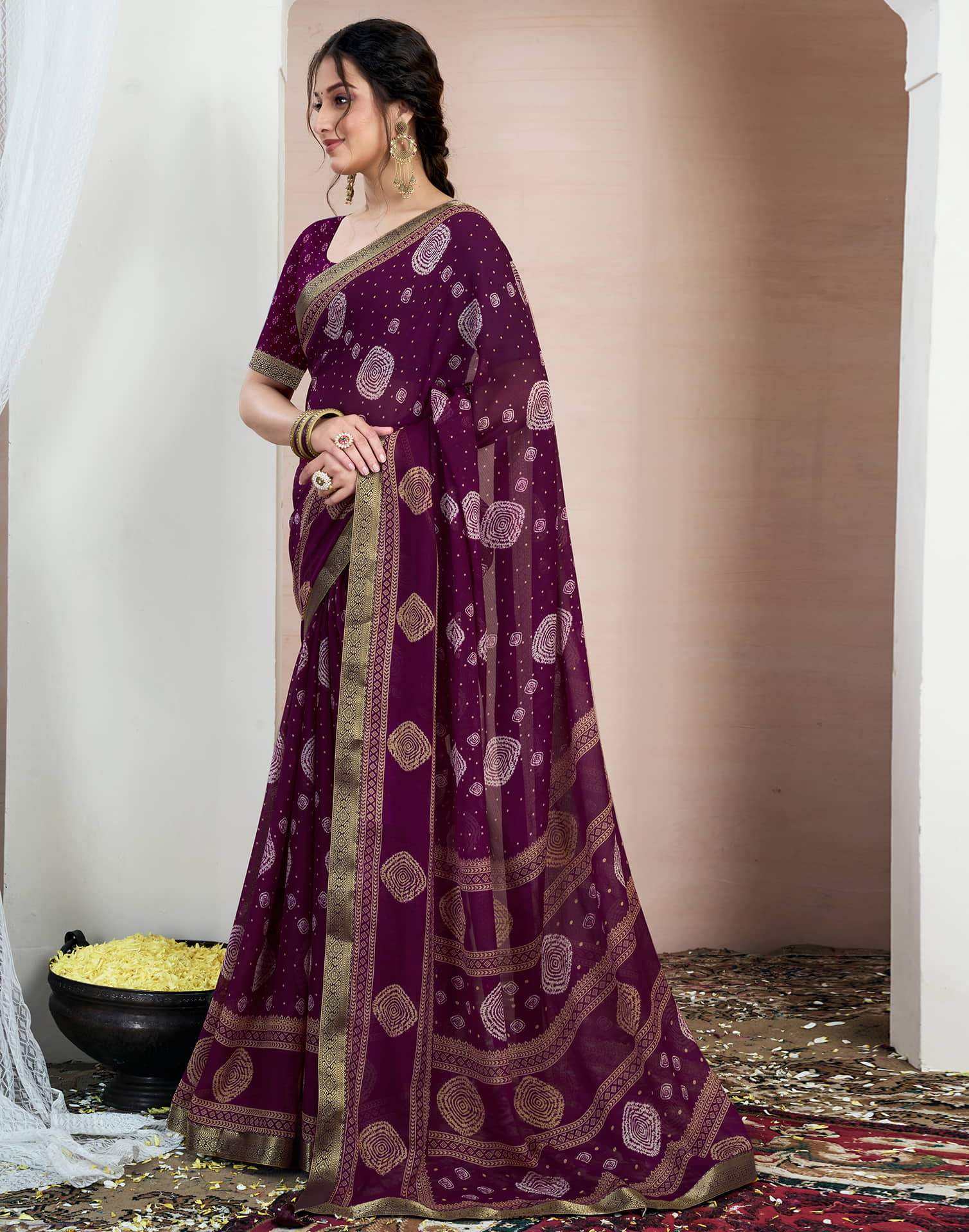 Wine Chiffon Printed Saree