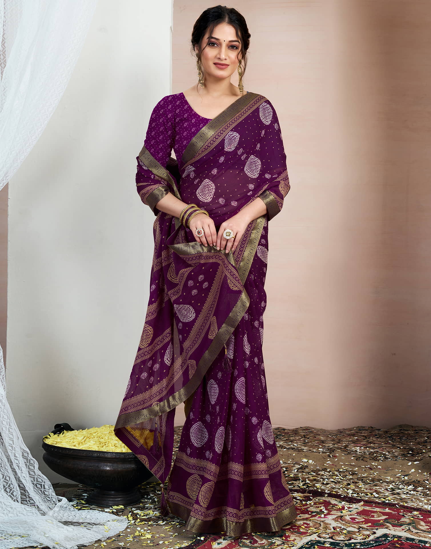 Wine Chiffon Printed Saree