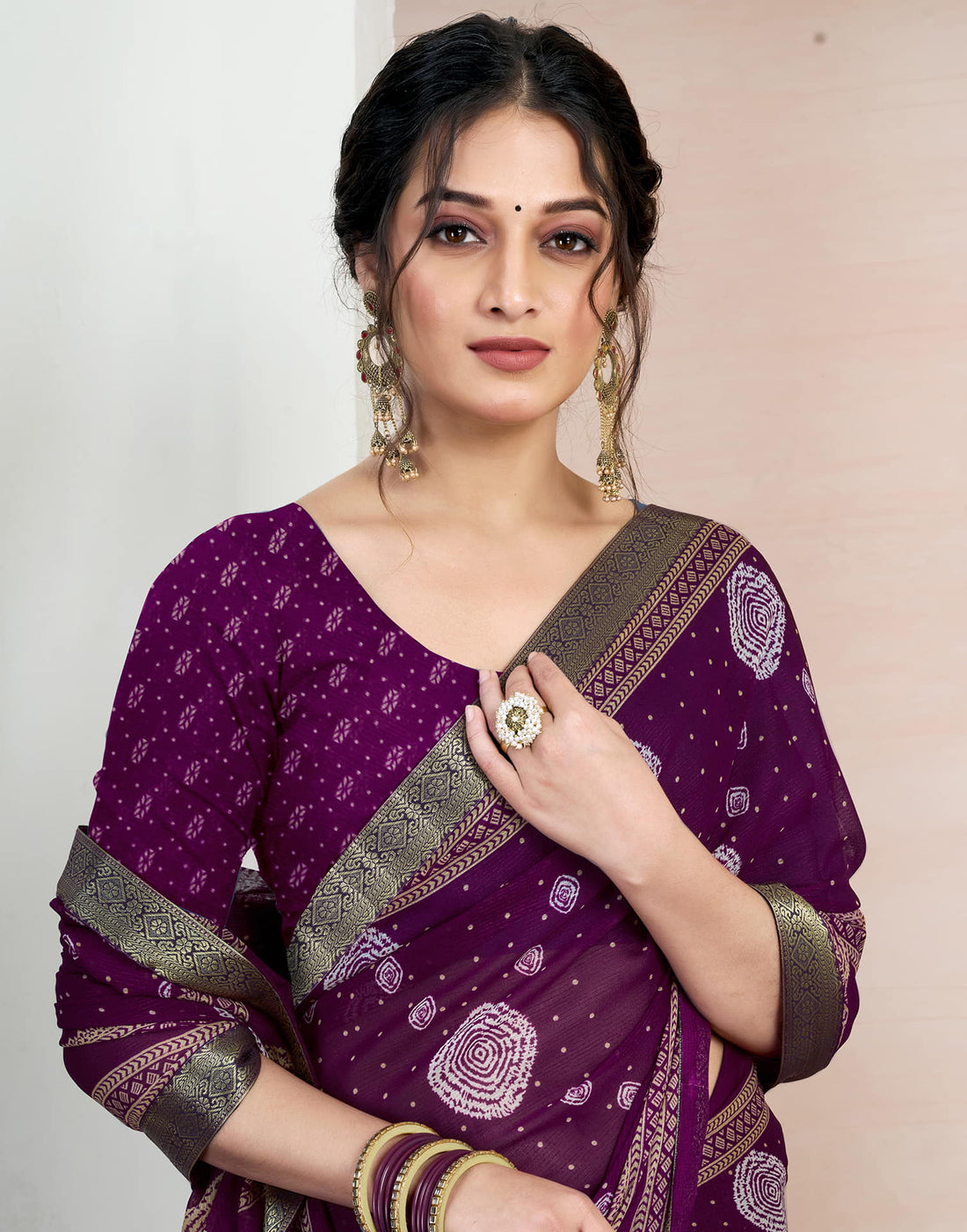 Wine Chiffon Printed Saree