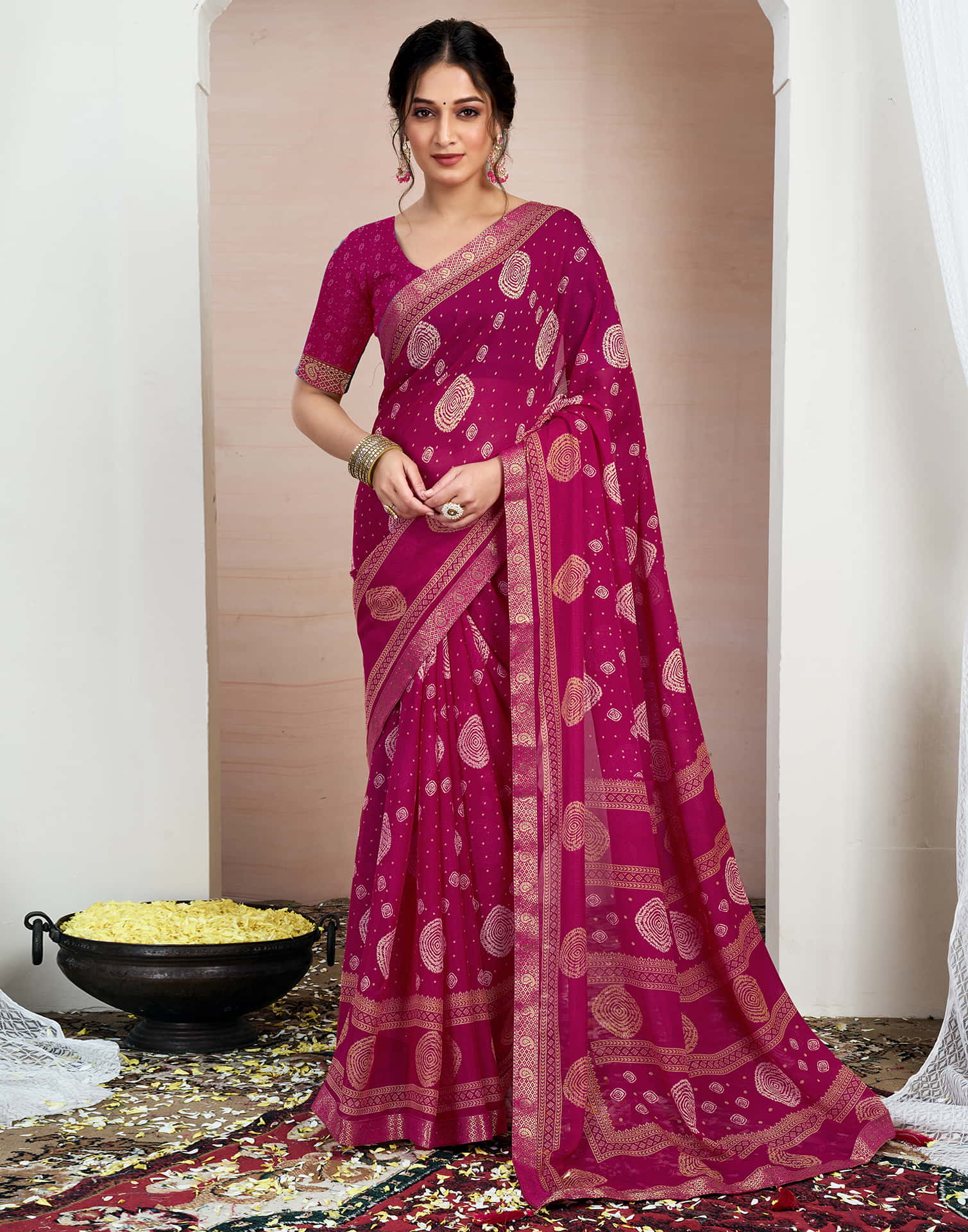 Rani Pink Chiffon Printed Saree