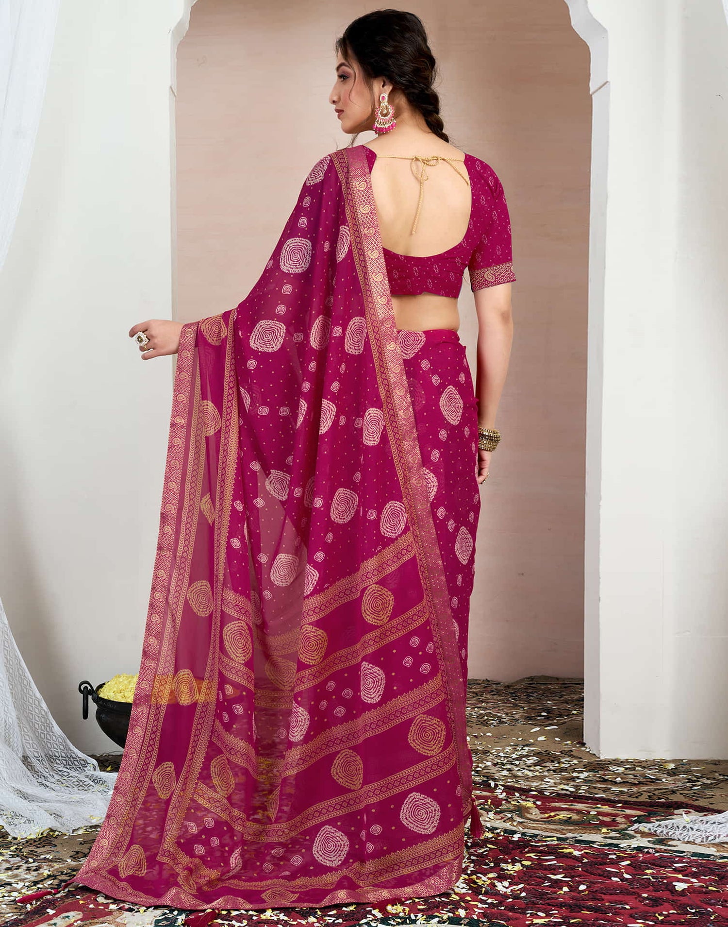 Rani Pink Chiffon Printed Saree