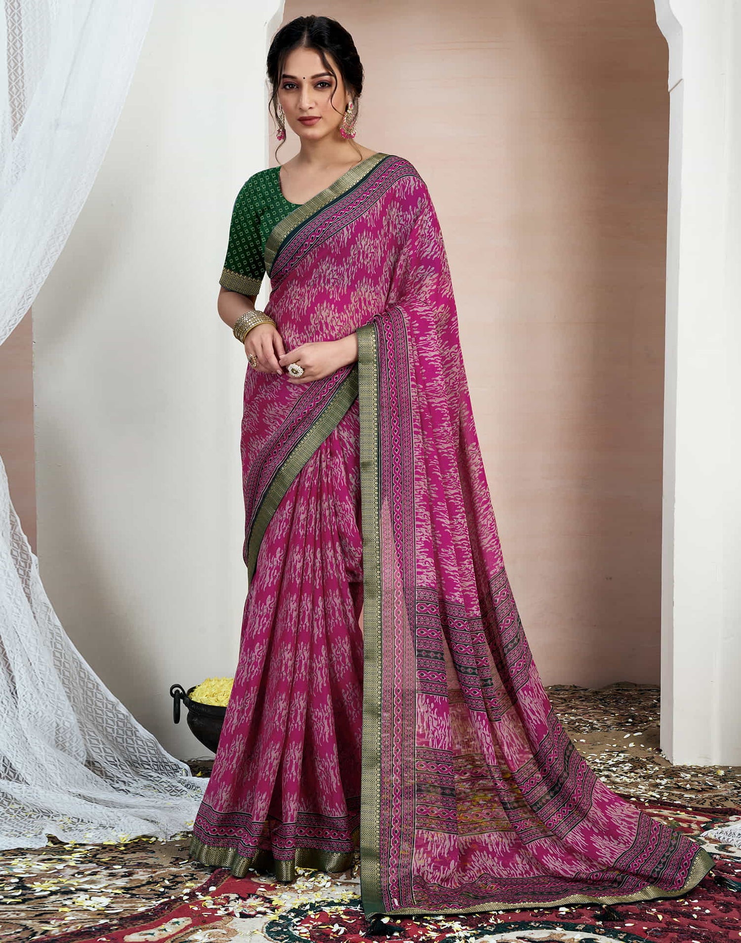 Rani Pink Chiffon Printed Saree