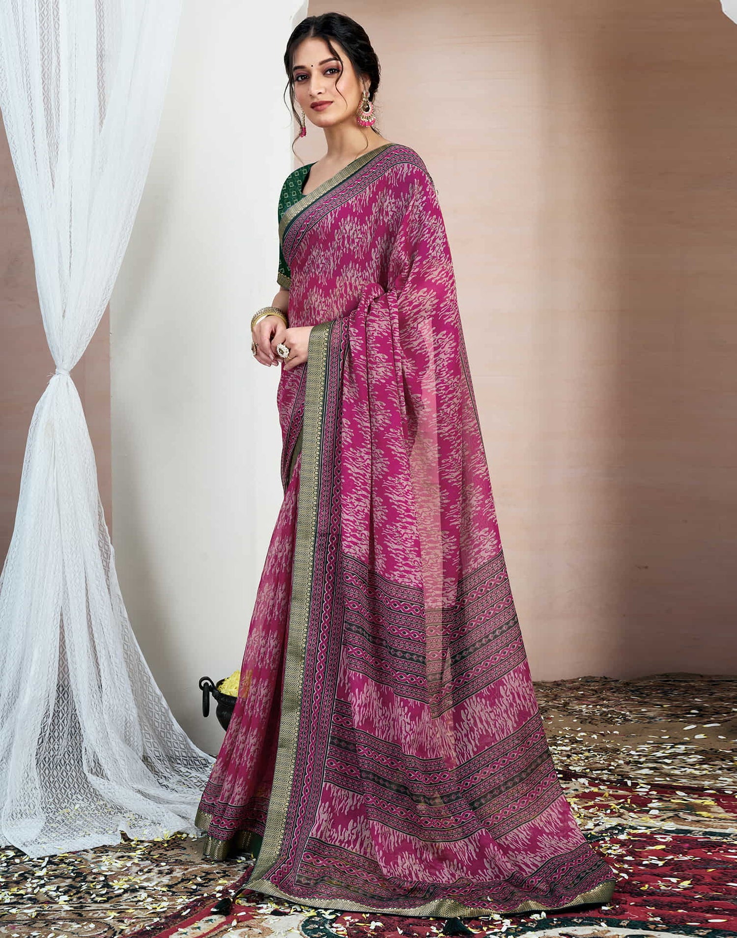 Rani Pink Chiffon Printed Saree