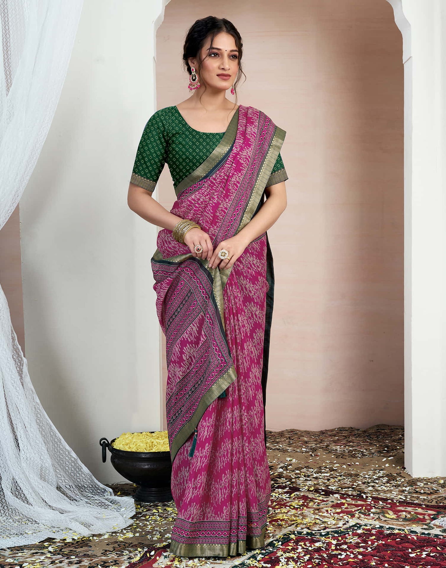 Rani Pink Chiffon Printed Saree