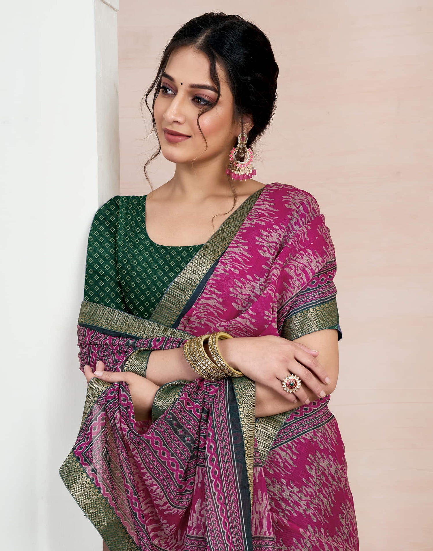 Rani Pink Chiffon Printed Saree