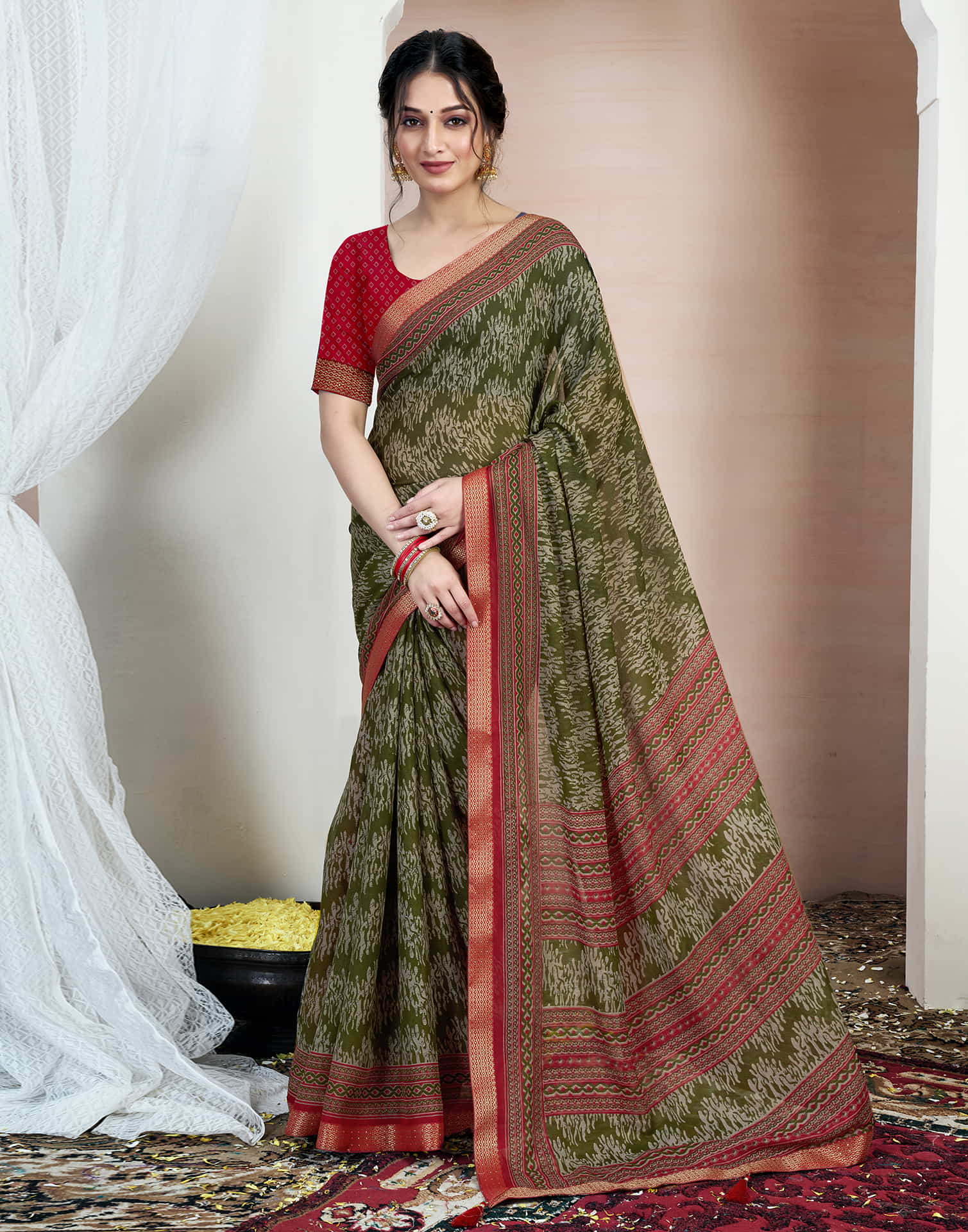 Olive Green Chiffon Printed Saree