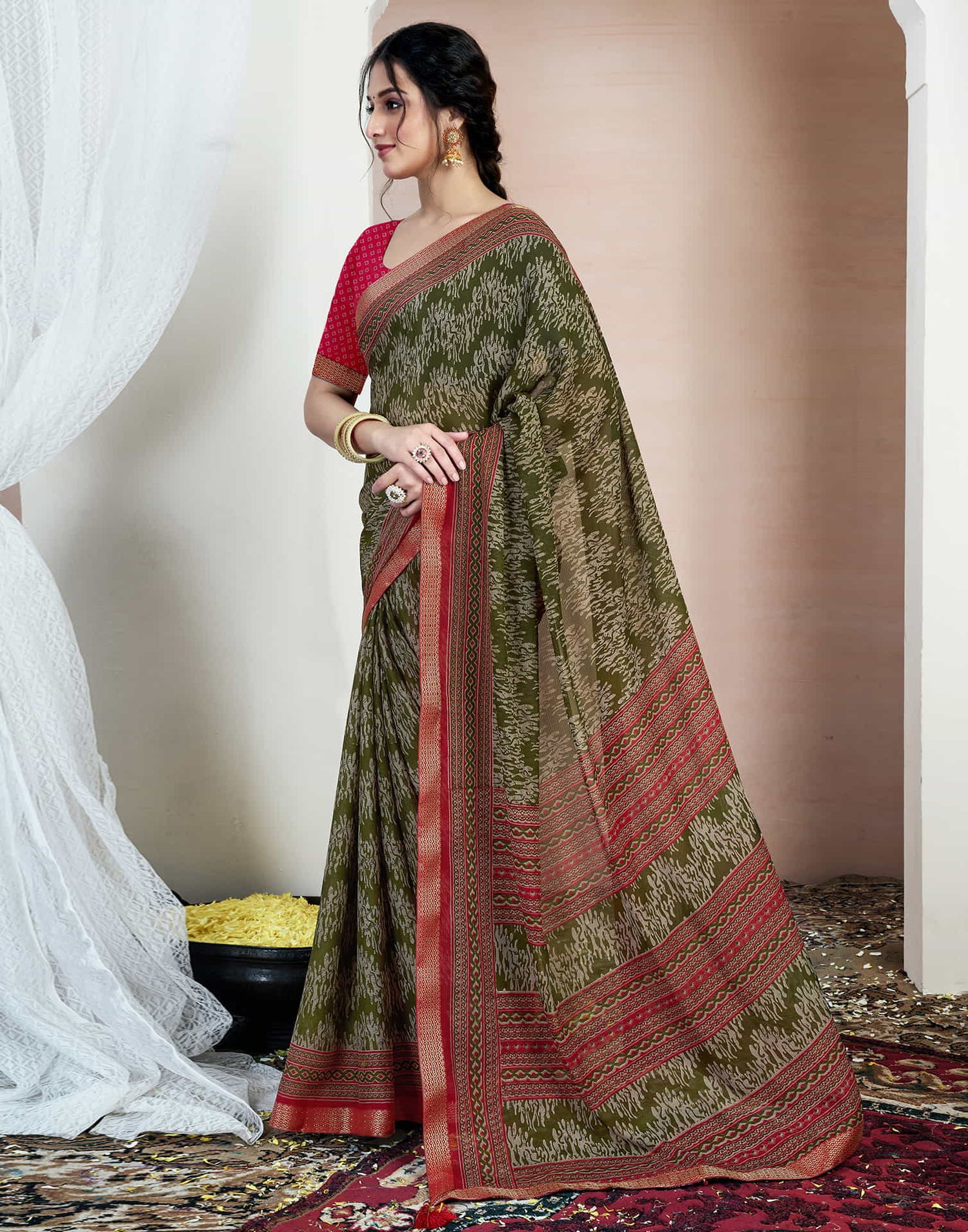 Olive Green Chiffon Printed Saree