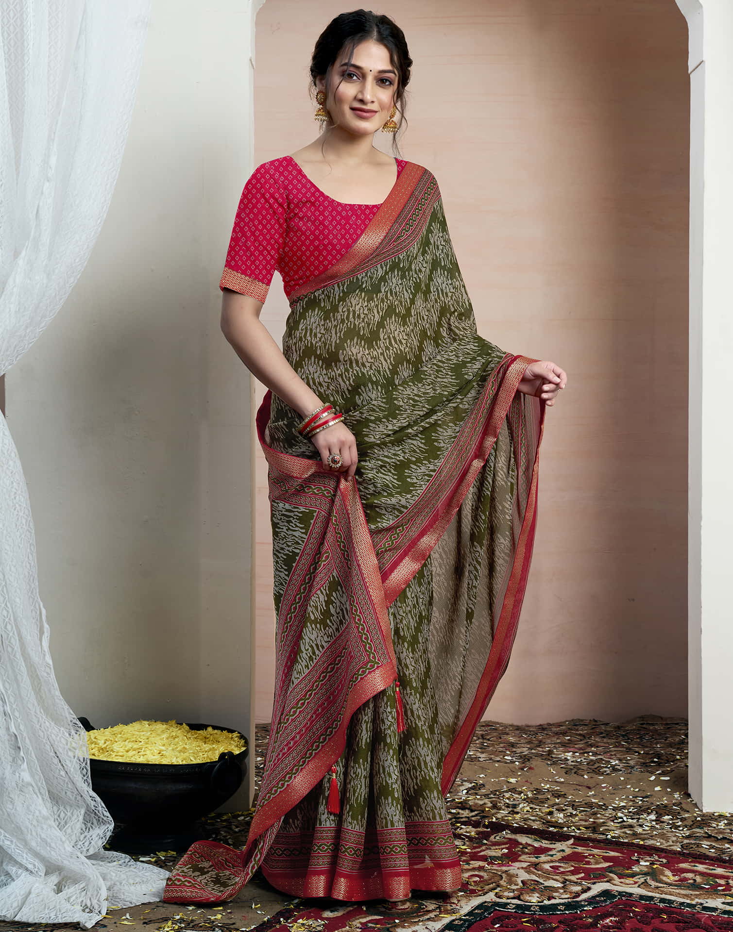 Olive Green Chiffon Printed Saree