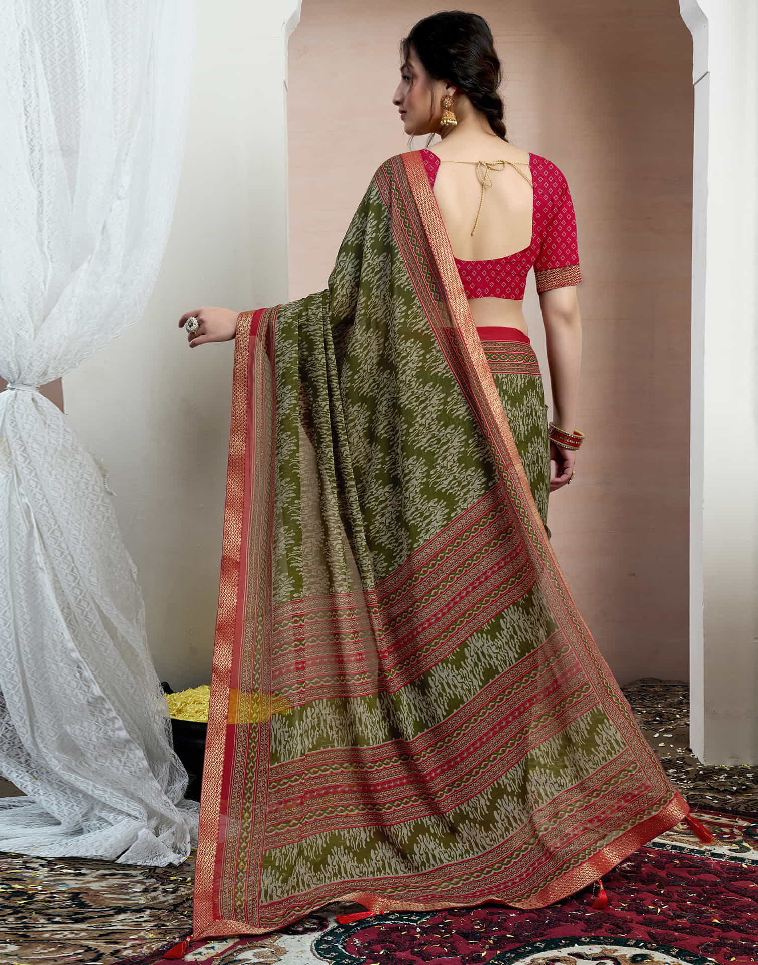 Olive Green Chiffon Printed Saree