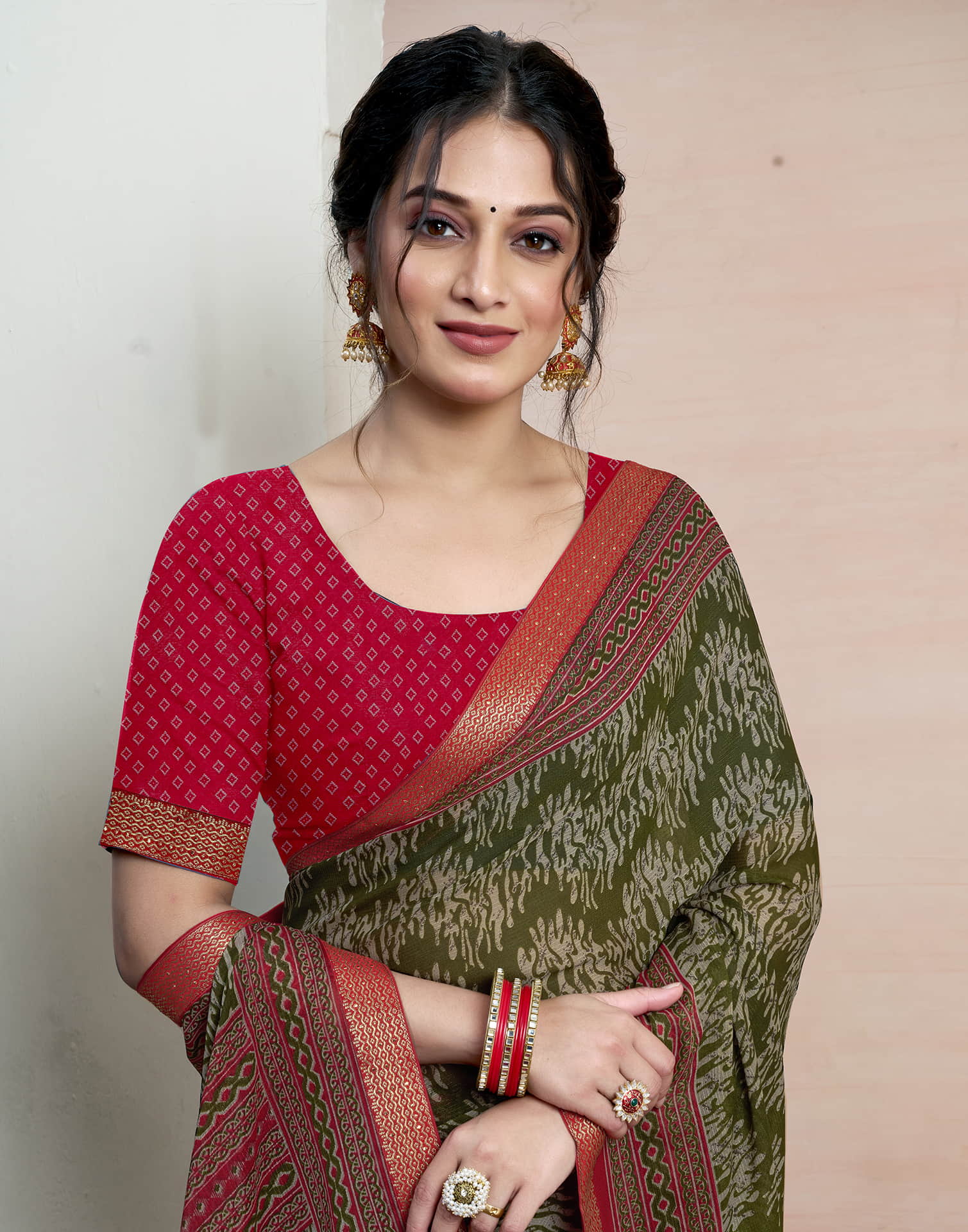 Olive Green Chiffon Printed Saree