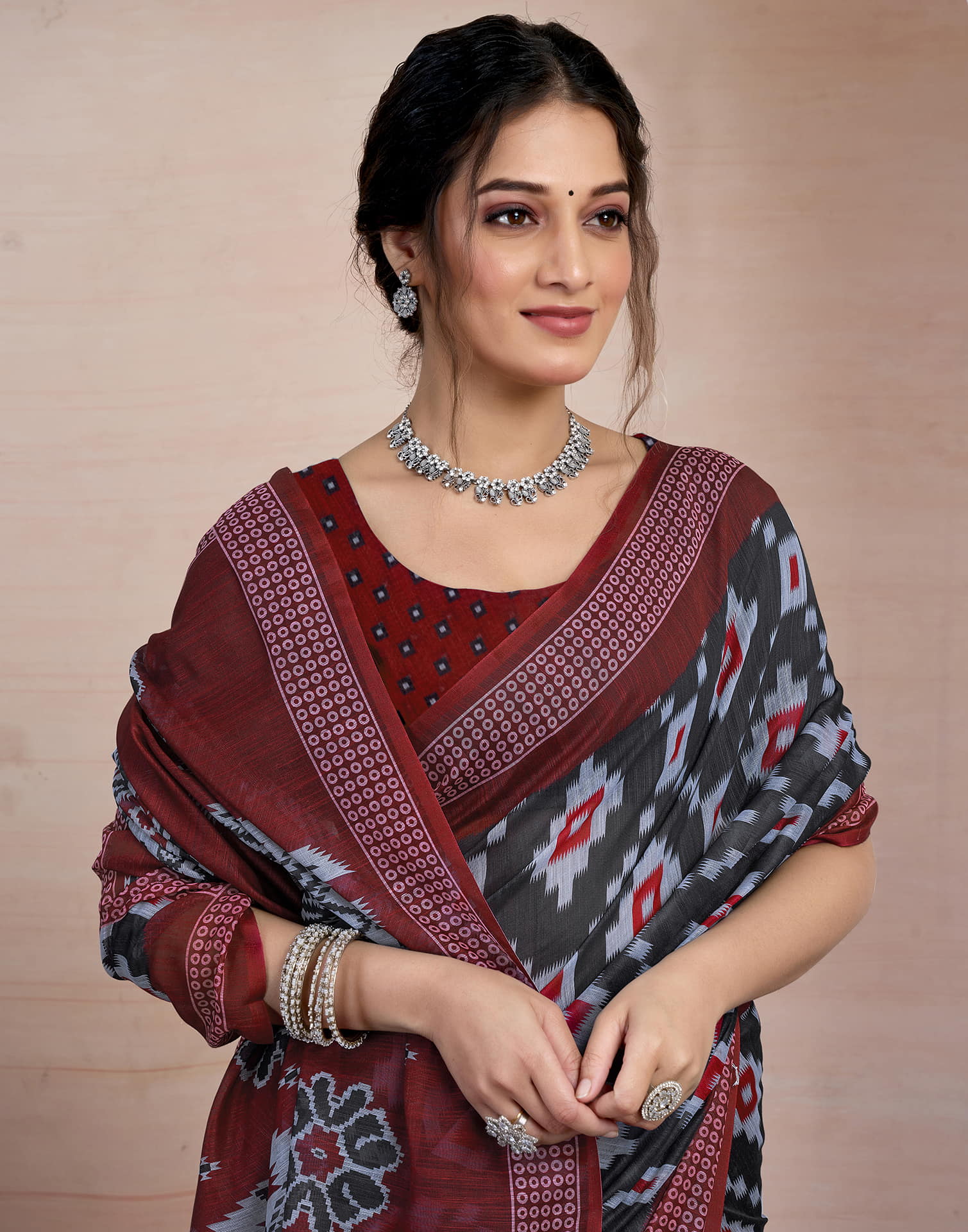 Grey Cotton Printed Saree