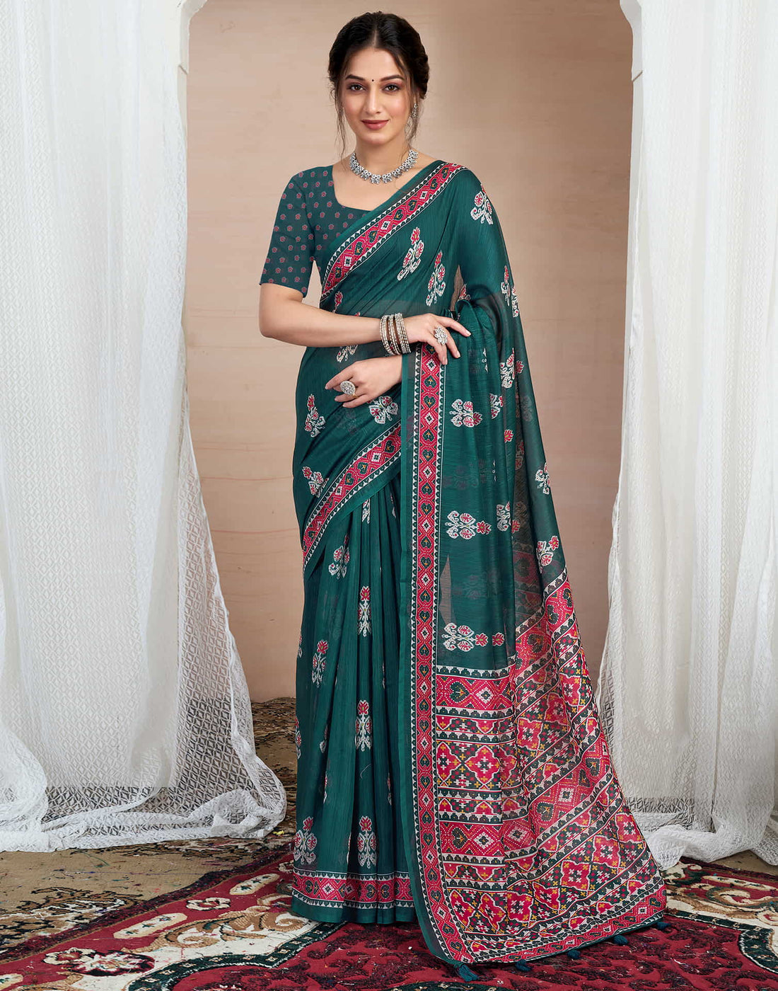 Rama Green Cotton Printed Saree